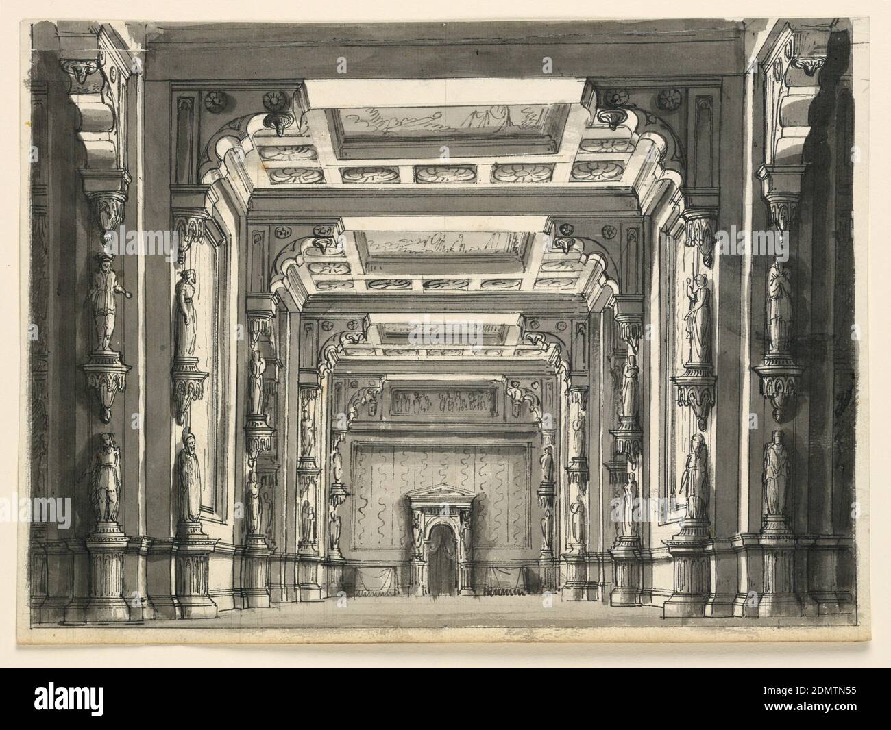 Bühnenbild, Interieur des Gotischen Saals, Romolo Achille Liverani, Italienisch, 1809 - 1872, Alessandro Sanquirico, Italienisch, 1777 - 1849, Stift und Sepia-Tinte, Pinsel und waschen auf Papier, Horizontales Rechteck. Gotischer Saal mit Balkendecke, Skulpturen an Wänden., Italien, Anfang des 19. Jahrhunderts, Theater, Zeichnung Stockfoto