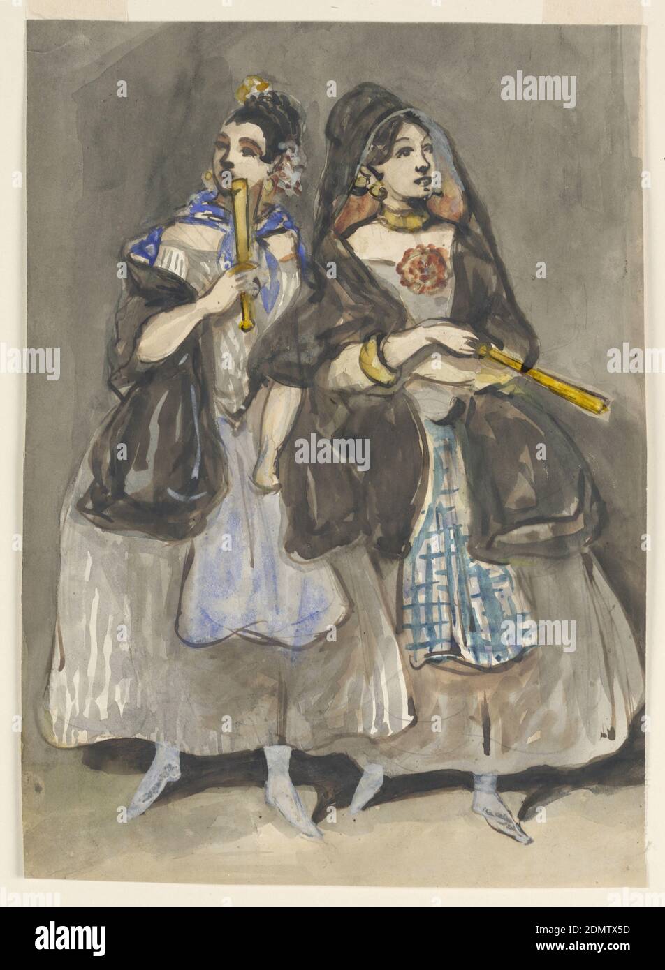 Zwei spanische Frauen Promenading, Constantin Jungs, Französisch, 1802 – 1892, Stift und braune Tinte, Pinsel und Aquarell, grau waschen auf Papier, Vertikal Rechteck. Zwei spanische Frauen promenieren, beide tragen graue Röcke, blaue Schürzen, schwarze Schals, Goldschmuck und halten Fans mit goldfarbenen Stäbchen. Frau links trägt hellblauen Schal und Schürze; Frau rechts trägt eine Karabin Schürze., Frankreich, ca. 1860, Figuren, Zeichnung Stockfoto