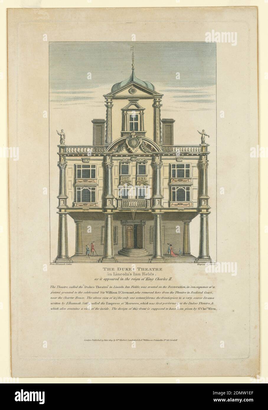 Außenansicht des Duke's Theatre, Dorset Gardens, London, nach einer Buchillustration aus dem 17. Jahrhundert, Richard Sawyer, Radierung mit Gravur, handkoloriert, England, 1809, Theater, Print Stockfoto