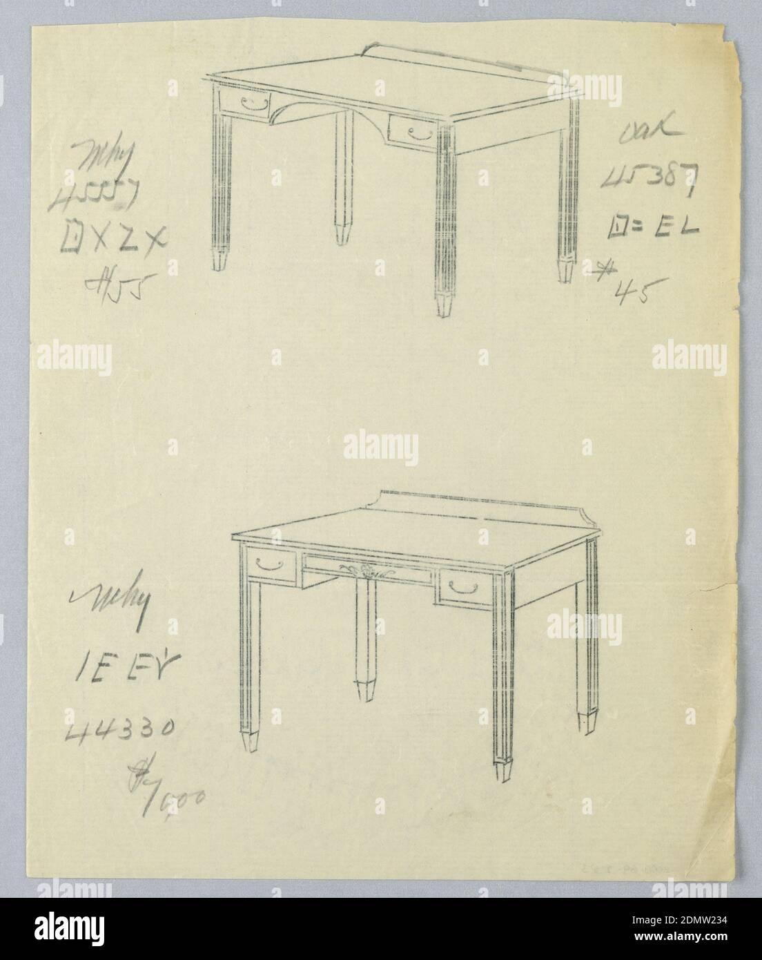 Tracings of Alternate Designs for Writing Table #45, A.N. Davenport Co., Carbon Tracing und Graphit auf dünnem cremefarbenem Papier, 1900–05, Möbel, Zeichnung Stockfoto