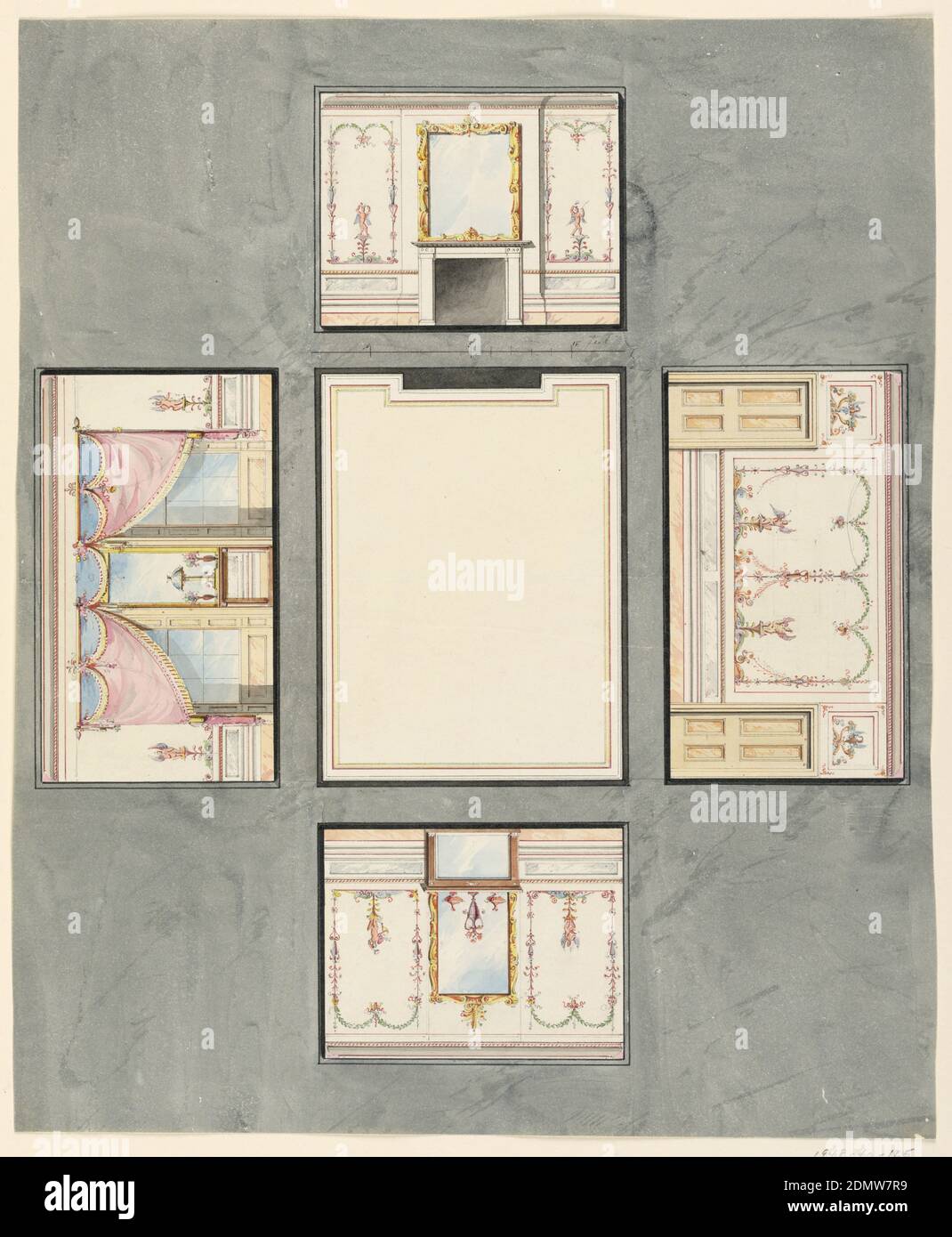 Decke und vier Wände eines Raumes, Frederick Crace, Englisch, 1779–1859, Graphit, Stift und schwarze Tinte, Pinsel und Aquarell auf gewonbenem Papier, vor grauem Hintergrund, Decke in der Mitte. Obere Wand hat einen zentralen Kamin mit Spiegel oben. Rechte Wand hat verzierte Panel, Türen nach links und rechts. Die untere Wand hat ein Konsolenzentrum mit Vasen darauf, der Spiegel darüber. Linke Wand mit Konsolenmitte, Lampe und Vasen, beidseitig mit Vorhängen., England, 1815–22, Architektur, Innenräume, Zeichnung Stockfoto