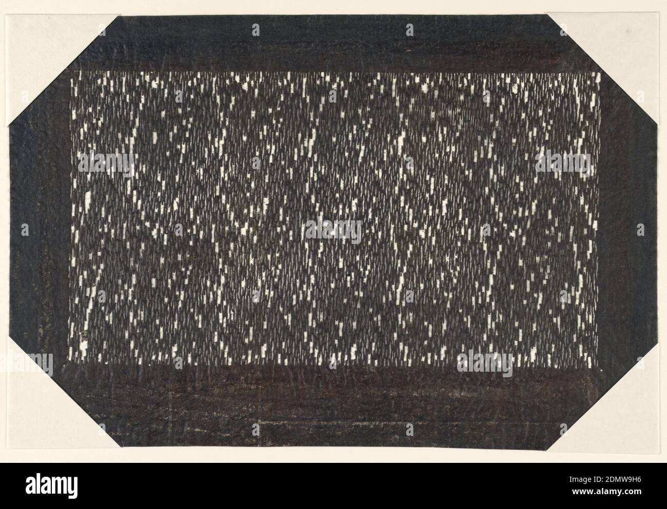 Regenmotiv, Mulberry-Papier (Kozo washi) behandelt mit fermentiertem Persimmon-Tannin (kakishibu), Dieses abstrakte Motiv zeigt einen Regensturm in winzigen organischen Formen., Japan, Ende 18. - Anfang 19. Jahrhundert, Textildesigns, Katagami, Katagami Stockfoto