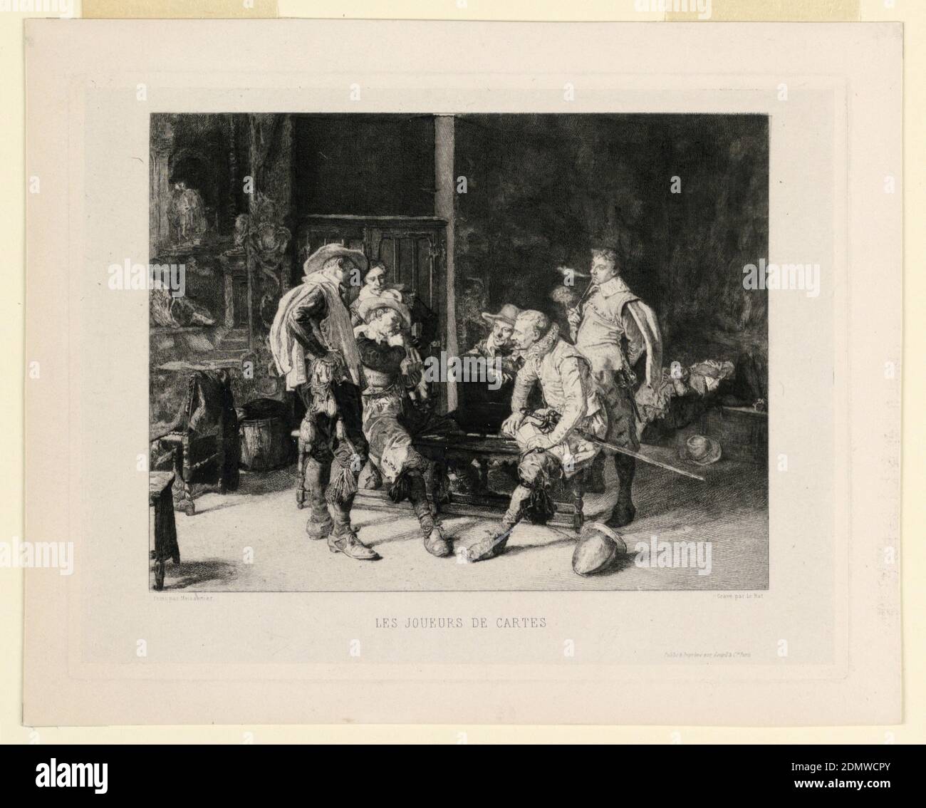 Les Joueurs de Cartes, Paul-Edme Lerat, französisch, 1849 - 1892, Jean Louis Ernest Meissonier, französisch, 1815–1891, Gravur auf Papier, zwei Figuren in der Mitte, auf einer Bank sitzend und Karten spielend; vier andere sehen zu. Hinten rechts schläft ein Mann auf einer Bank gegen die Wand. Unten der Titel, Künstlernamen und Verlegername und Ort., Frankreich, ca. 1880, Drucken Stockfoto