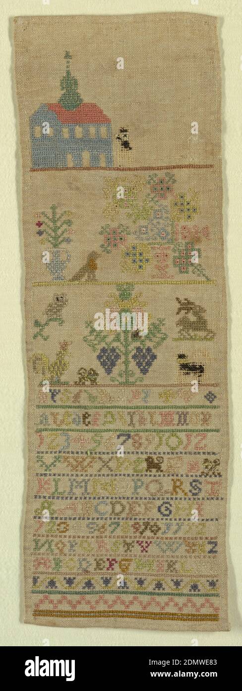 Sampler, Medium: Seidenstickereien auf Leinenfundament Technik: Kreuzstick, langarmigem Kreuz, Öse und doppelt laufende Stiche auf Leinwandfundament, kleiner Sampler mit Kirche oben und Trauben in der Mitte., Deutschland, 18. Jahrhundert, Stickereien & Stitching, Sampler Stockfoto