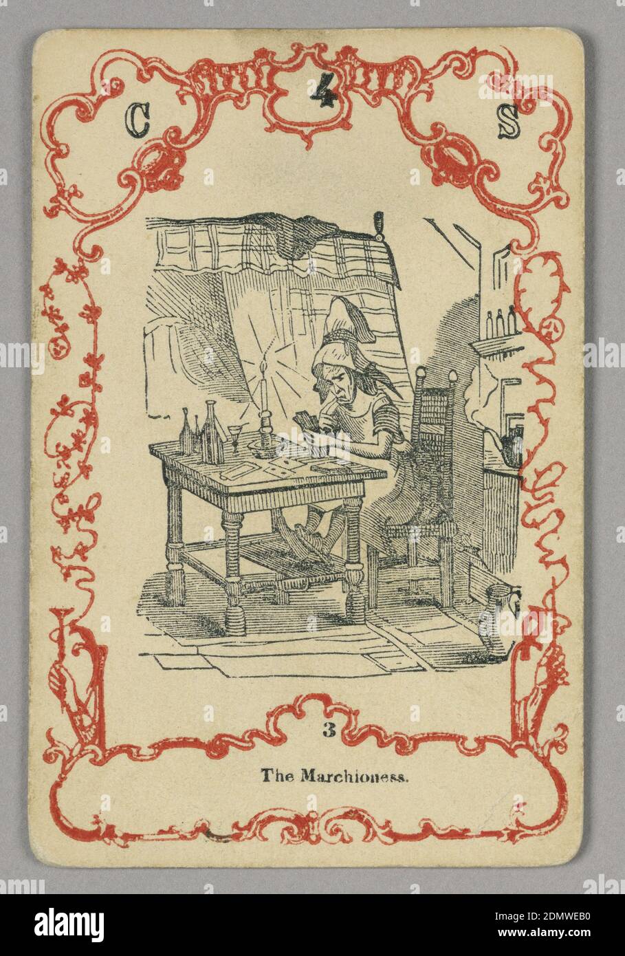Spielkarte, rote und schwarze Tinte, Papier, oben: C 4 S; unten Mittelbild: 3, Europa, ca. 1855, Spielkarte Stockfoto