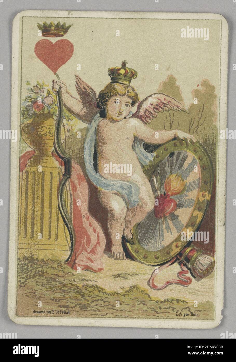 König der Herzen, E. Le Tellier, Französisch, aktiv Ende des 19. Jahrhunderts, B.P. Grimaud, Paris, Frankreich, Lithograph auf Papier, König der Herzen Spielkarte aus einem Satz von Transformations-Spielkarten. Bunte Figur eines Amor mit rosa Flügeln, trägt eine Krone und hält einen Schild mit einem flammenden Herz verziert. Eine Vase mit Blumen auf einem Sockel links. In der linken oberen Ecke ein rotes Herz mit einer Krone., Paris, Frankreich, Ende des 19. Jahrhunderts, Spielzeuge & Spiele, Spielkarte, Spielkarte Stockfoto