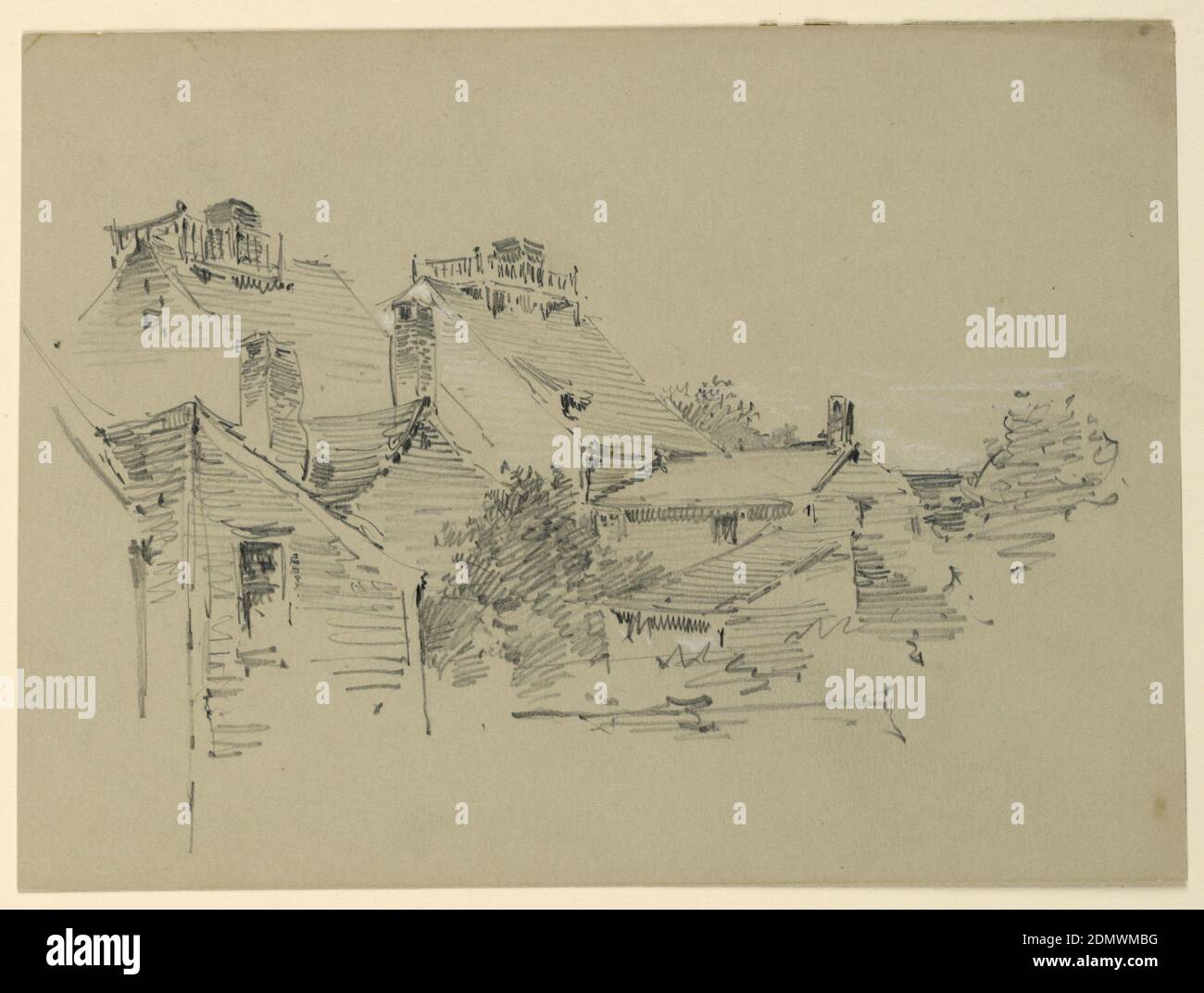 Rooftops, Arnold William Brunner, Amerikaner, 1857–1925, Graphit und weiße Aufrichtung auf grauem Papier, EIN Schuppen, links; Rückdächer von Häusern nach links abfallend. Trees Center., USA, ca. 1883, Landschaften, Zeichnung Stockfoto