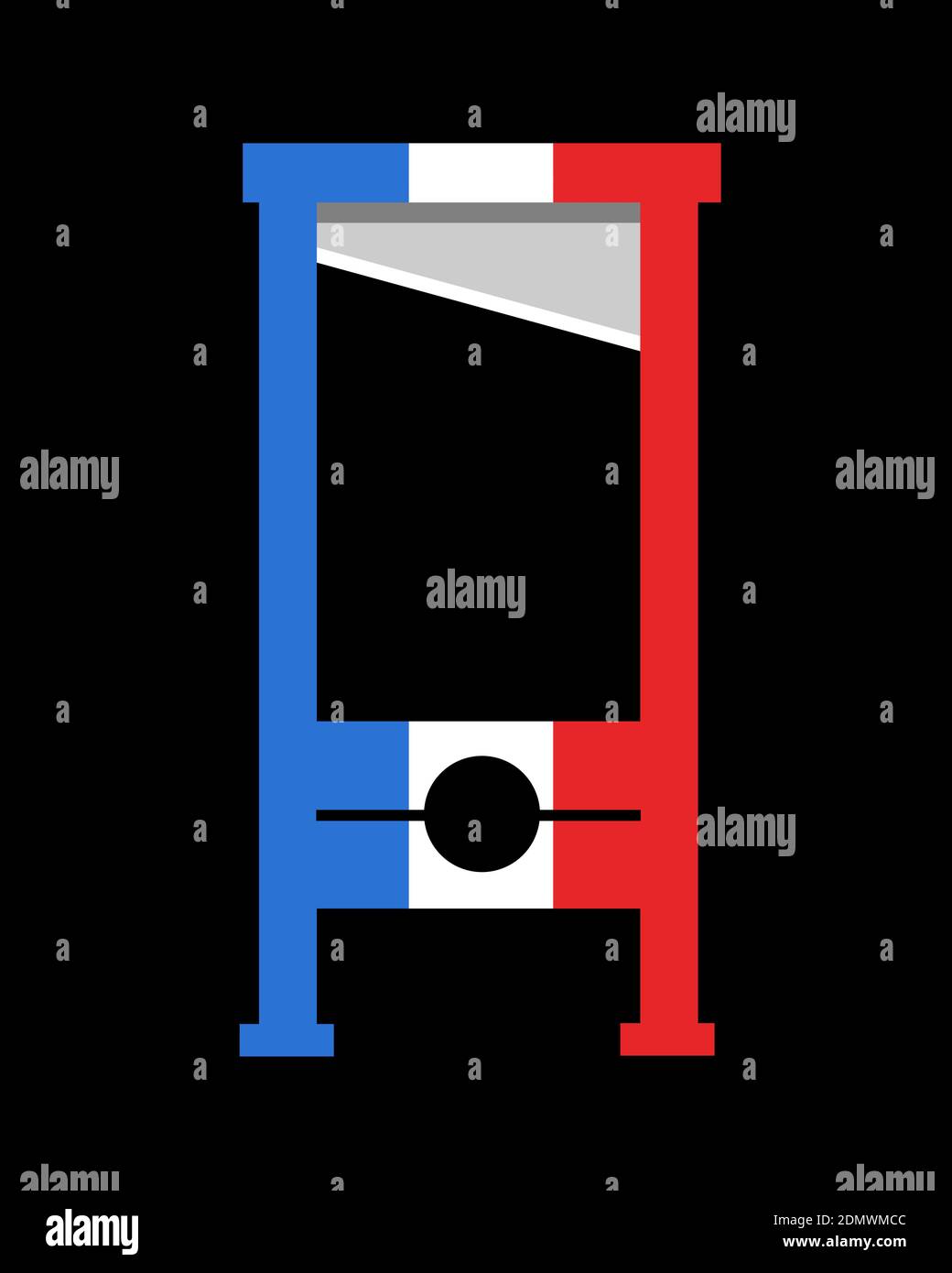 Französische Revolution - Guillotine in den Farben Frankreichs - Geschichte des Terrors, des Blutvergießens, der Gewalt, des Tötens, der Todesstrafe. Vektorillust Stockfoto