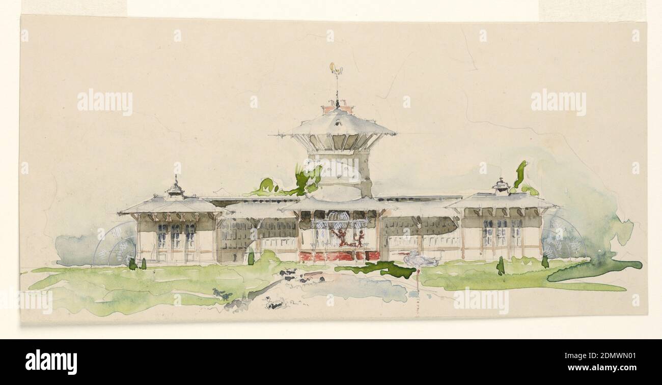 Elevation of the Belmont Menagerie, Newport, Rhode Island, Whitney Warren Jr., American, 1864–1943, Graphite, Pinsel und braun, schwarz, grün, blau, rot und gelb Aquarell, weiße Gouache, auf dünne cremefarbene Illustration Board, EIN farbenfroher Vorschlag für Oliver Belmonts Affenhaus. Das Gebäude soll ein dreistöckiges Gebäude mit einem zentralen Aussichtsturm und zwei flankierenden Flügeln sein, hier in einer grünen Landschaft präsentiert., USA, ca. 1894, Architektur, Zeichnung Stockfoto