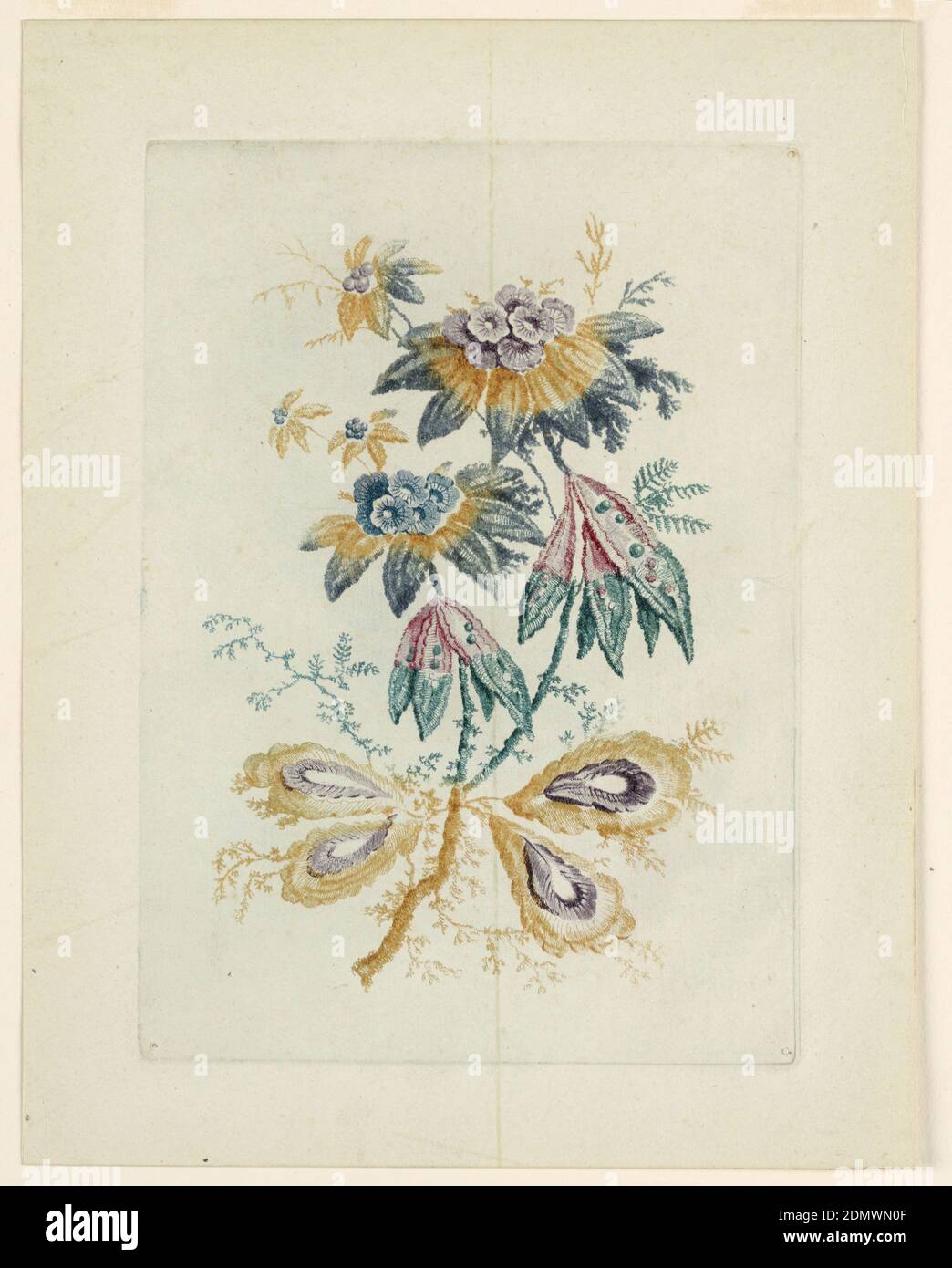 Fantastisches Blumenmotiv aus 'Nuvelle Suitte de Cahiers de fleurs idéales', Jean-Baptiste Pillement, französisch, 1728–1808, Anne Allen, englisch, aktiv Frankreich, ca. 1750–1810, Etching a la poupée und Ocker, Indigo, Rose und Tusche auf Papier, EIN Blumenboquet von phantastischer Flora, darunter tropfenförmige, federartige Blätter, zarte, farnähnliche Ranken und Blüten., Frankreich, ca. 1760, Naturstudien, Drucken Stockfoto