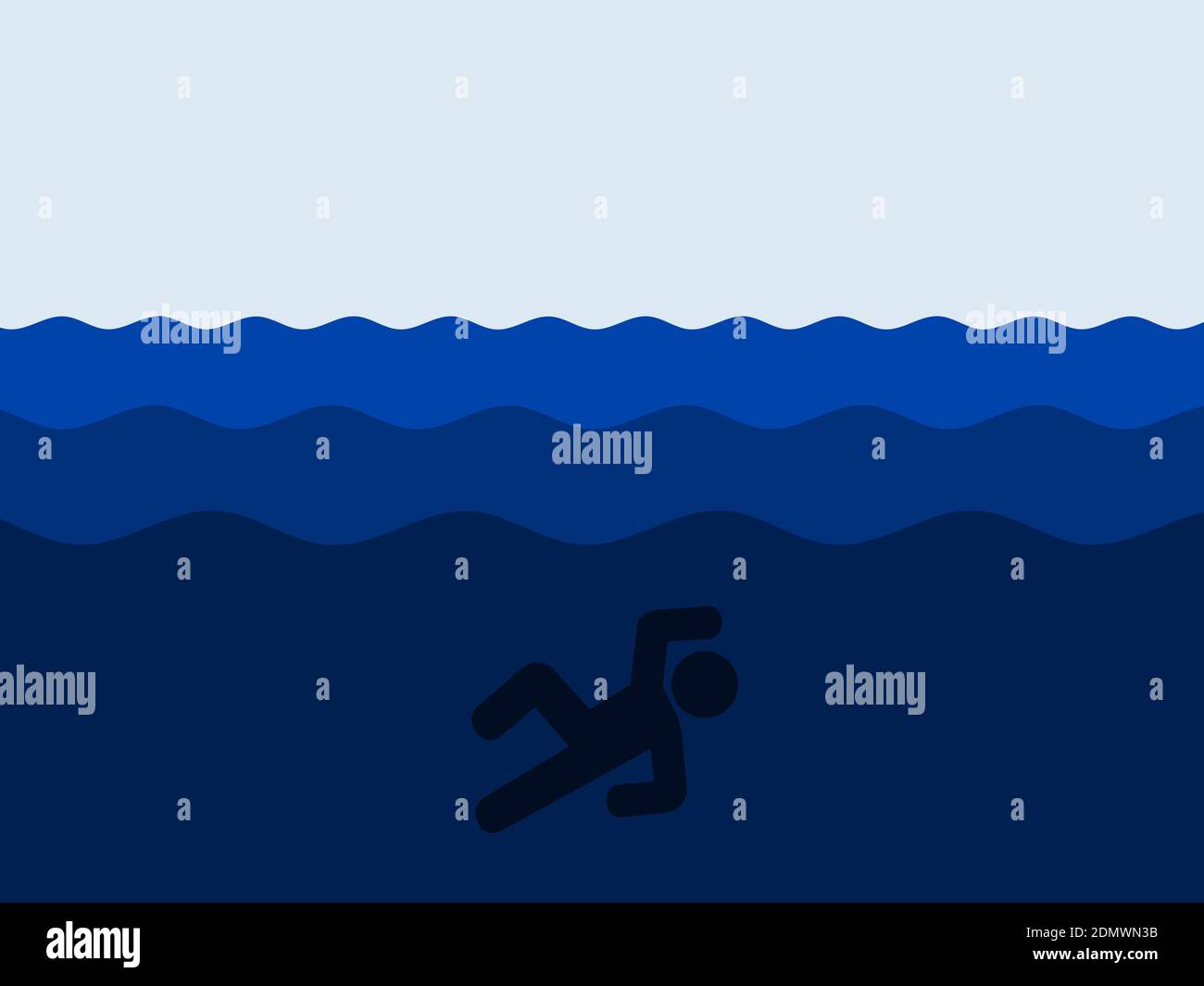 Der ertrunkene Körper ertrinkt in tiefem Wasser in Fluss, See, Meer oder Ozean. Tödlicher und tödlicher Unfall, der zum Tod des Schwimmers führt Stockfoto