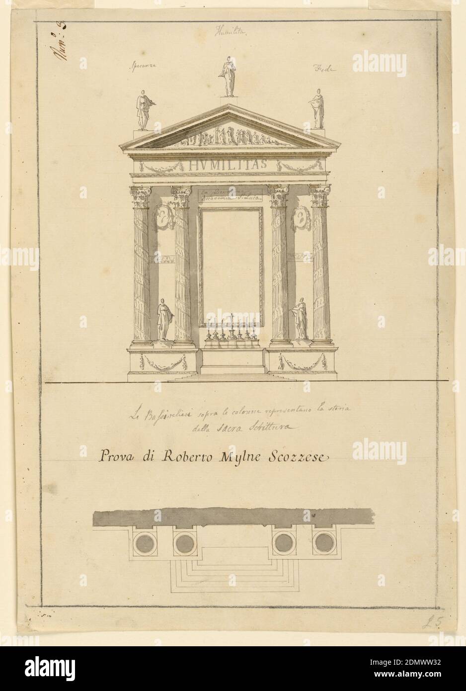 Projekt für einen Altar, Robert Mylne, Scottish, 1734 – 1811, Stift und Tinte, Pinsel, Sepia, graues Aquarell auf Papier, die mensa steht auf Stufen, im Abstand von zwei Säulenpaaren, die die Entablatur und den Giebel unterstützen. Zwischen den Säulen befindet sich eine Statue. Über dem Rahmen eines Bildes über der mensa befindet sich eine Tafel mit der Aufschrift: 'Ex Devotione Accademiae S. Luca'. Im Fries zwischen zwei Festounen: 'HVMILITAS'. Drei Statuen auf dem Giebel sind beschrifte: 'Speranza', 'Humilità', 'Fede'. Geschrieben unten, in bassi-rilievi: 'sopra le colonne representano la storia della Sacra Scrittura Stockfoto
