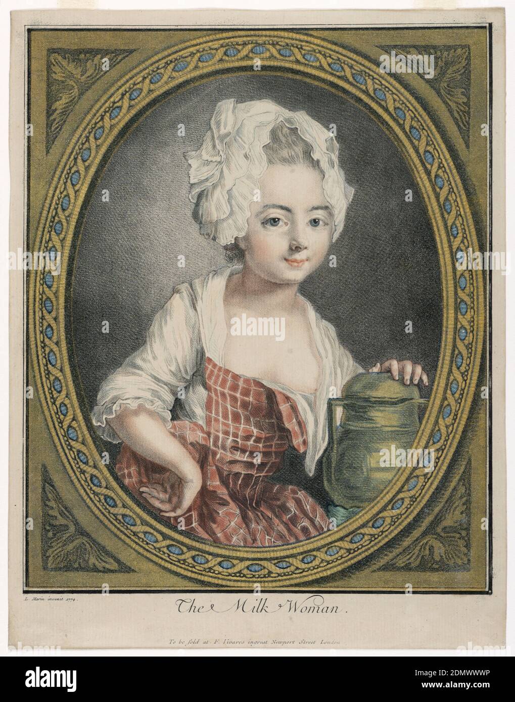 The Milk Woman, Louis-Marin Bonnet, französisch, 1736 - 1793, Gravieren und Radieren in der Kreideweise in blauer, schwarzer und roter Tinte über Blattgold, auf cremefarbenem Büttenpapier., Portrait einer jungen Frau, nach vorne gerichtet, mit einer vergoldeten Milchkanne. Sie trägt eine Rüschenhaube und ein karierten Kleid mit tiefem Ausschnitt., 1774, Ornament, Print Stockfoto