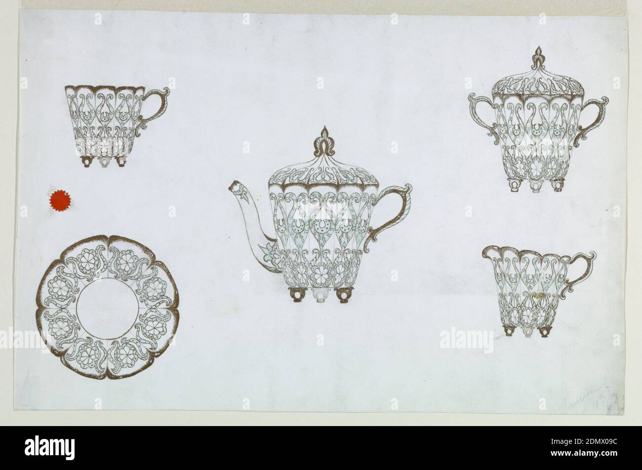 Design für China Dekoration, Rose Samson, Aquarell, Gold, auf Papier, Design für eine Tasse, Untertasse, Teekanne, Zucker Schüssel und Milchpulver in Gold und hellgrün auf weißem Hintergrund getan., USA, ca. 1895, Geschirr Designs, Zeichnung Stockfoto