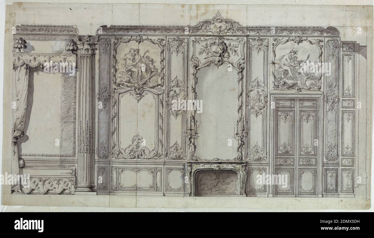 Wandhöhe des Schlafzimmers des Prinzen de Rohan, Hôtel de Soubise, Paris, Germain Boffrand, französisch, 1667 - 1754, Stift und schwarze, graue Tinte, Pinsel und Grauwäsche, Gouache, Graphit, auf drei zusammengesetzten Blättern aus weißem Papier, eingeschnitzt zur Übertragung auf Gravurplatte, Die Höhe zeigt die Bettnische, von der linken Seite gesehen, und neben einer (von einem Paar) korinthischen Säulen. Der Rest des Innenraums zeigt einen Kamin, Mitte und eine doppelt getäfelte Tür auf der rechten Seite. Die Holzvertäfelung ist reich geschnitzt und bemalt, wie für die Übertüren und die Verkleidung links vom Kamin angegeben Stockfoto