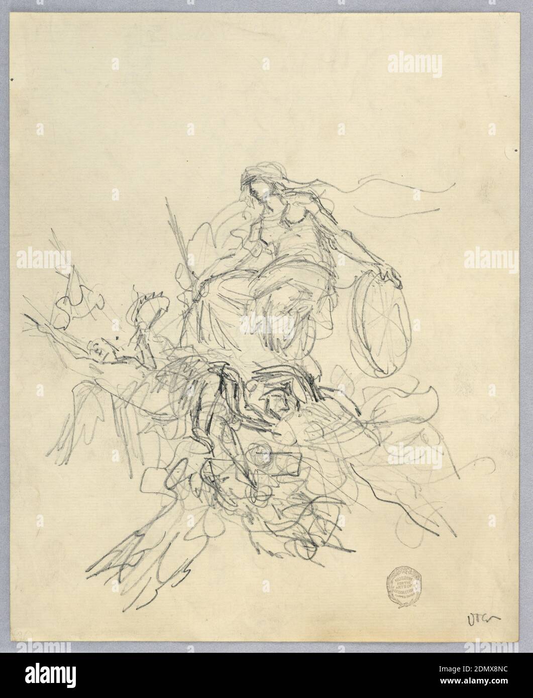 Skizze von Fortuna, Francis Augustus Lathrop, amerikanisch, 1849 - 1909, Graphit auf gedecktem Papier, mit einem Entwurf für eine Decke. Die Göttin, die über Figuren reitet, ein Rad und einen Stab hält. Verso: Achteckiger Plan, mit Skizzen, und Liste der Götter und Göttinnen., USA, ca. 1895, Figuren, Zeichnung Stockfoto