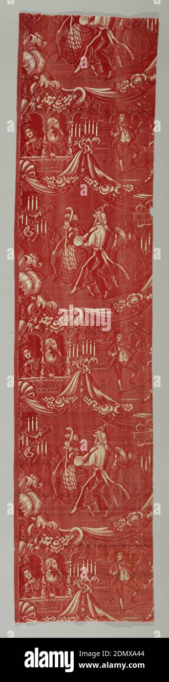 Textil, Medium: Baumwolle Technik: Bedruckt mit Kupfergravur auf Leinwandbindung, Scenic Muster in rot - Stück A vom linken Drittel und Stück B vom rechten Drittel. Das Muster ist in zwei abwechselnd wiederholenden Bändern angeordnet, die durch Swags und Blumengirlanden geteilt sind. Die szenischen Bands zeigen Tanz in den mittleren Bereichen mit Zuschauern in Theaterkästen links und rechts von Stoff abgeschlossen, wenn Stofflängen platziert Seite an Seite., Mitteleuropa, 19. Jahrhundert, bedruckte, gefärbte & bemalte Textilien, Textil Stockfoto