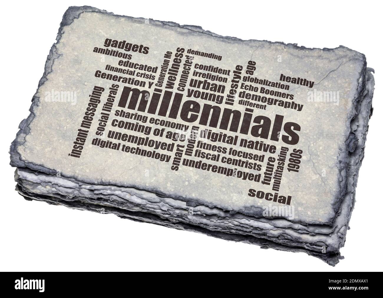 millennials Generation Wortwolke, Demografie Konzept - Text auf einem handgefertigten grauen Papier Stockfoto