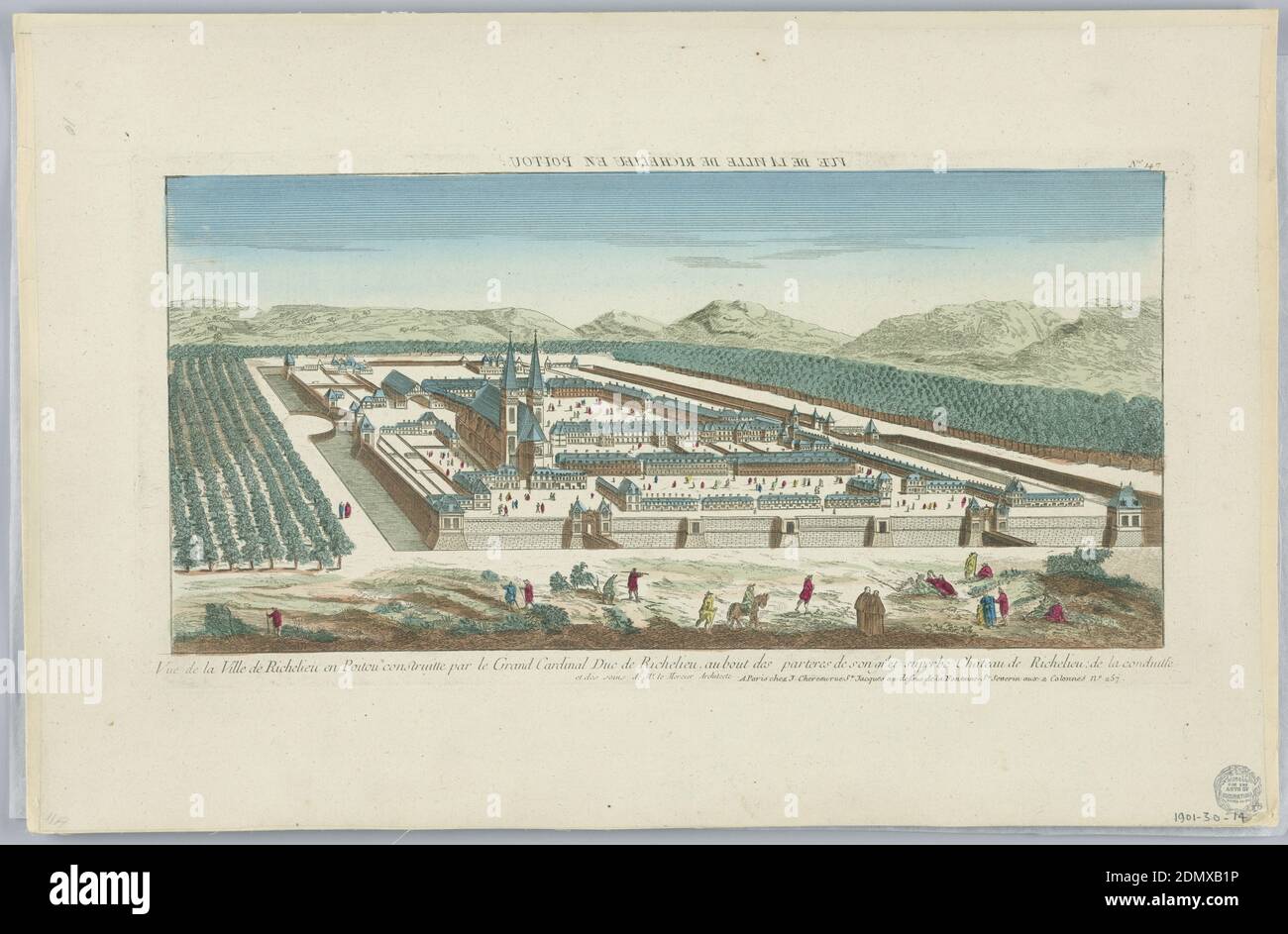 Peep-Show, Vue de la Ville de Richelieu en Poitou construitte par le Grand Cardinal Duc de Richelieu, au Bout des Parteres de Sougid et Superbe Chateau de Richelieu de la Conduitte, Nr. 147, Farbgravur mit Aquarell-Waschungen auf Papier, auf Scrapbook-Seite montiert, Peep-Show Print, Frankreich, ca. 1750, Drucken Stockfoto