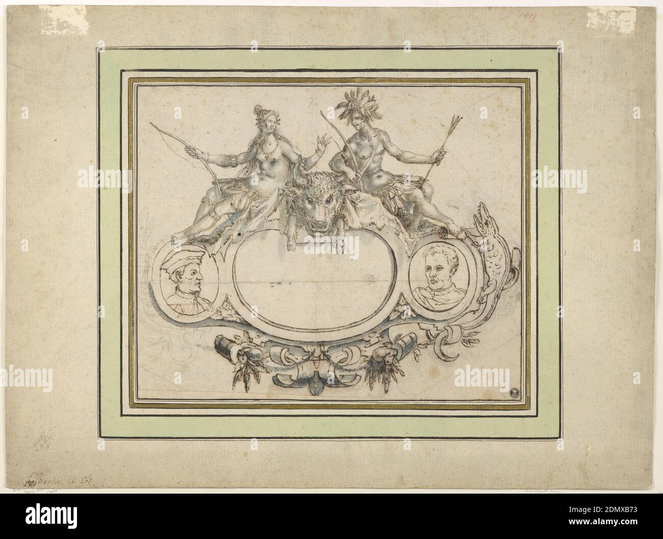 Design für ein Frontispiz, Allegory of America, Graphite, Feder und braune Tinte, rote Kreide, Pinsel und graue Wäsche auf weißem Papier mit schwerem Papier ausgekleidet, Reclining Figuren, Symbol der Indianer, Flanke ein Bisons Kopf, bilden Adhuncts zu einer Kartusche enframeement. Auf beiden Seiten sind die Porträtbüsten von Amerigo Vespucci, links, und Christoph Kolumbus, rechts. Krokodile bilden äußere Seitenglieder, links und rechts (links kann ein späterer Zusatz sein)., Niederlande, ca. 1590, Figuren, Zeichnung Stockfoto