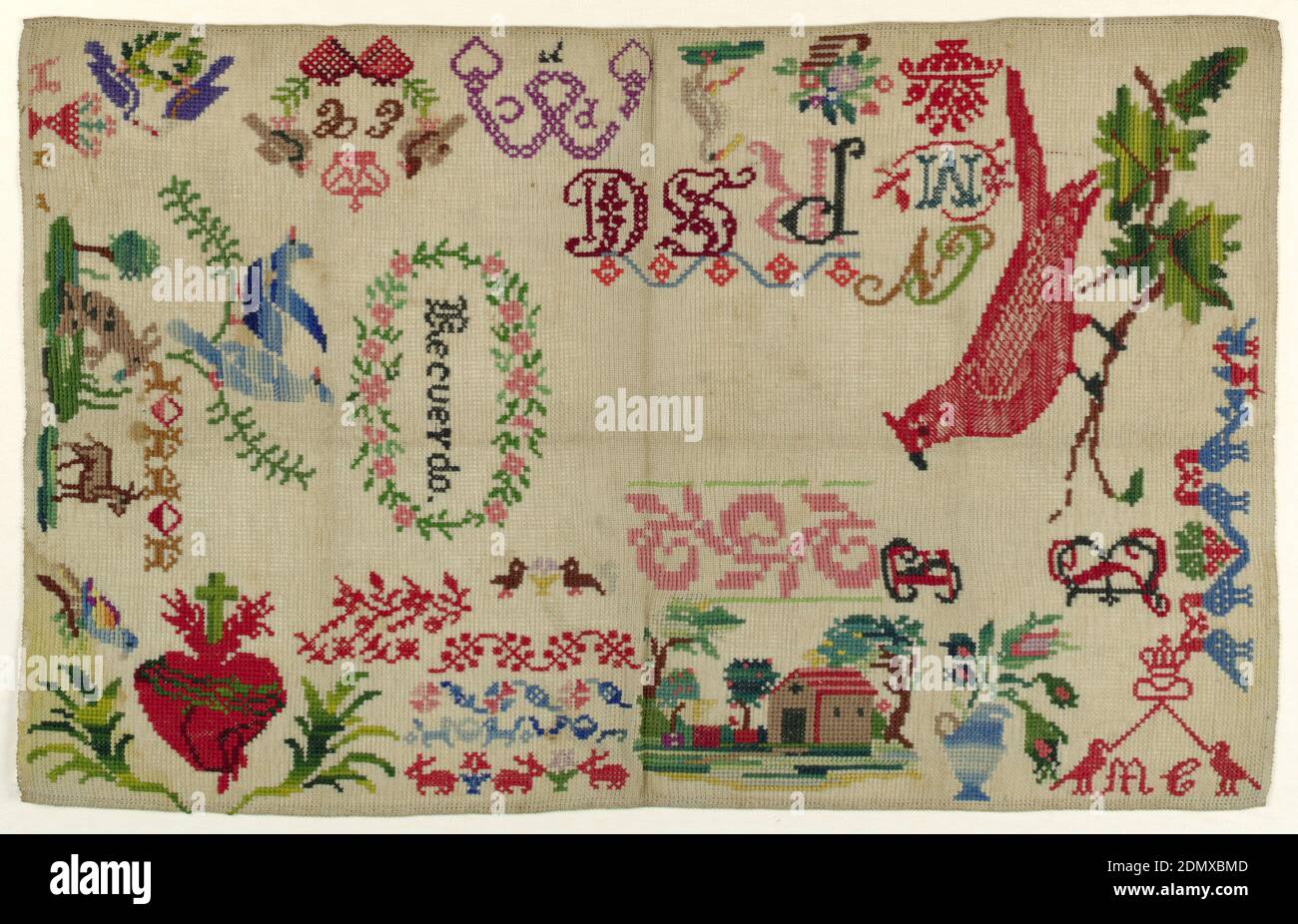 Sampler, Medium: Wolle Stickerei auf Baumwolle Fundamenttechnik: Gestickt  in Kreuzstich auf einfarbigem Webfundament, Punktmotive, florale Bordüren,  adn Sätze von Initialen auf dem Boden in verschiedenen Richtungen  verstreut, einschließlich einer ...