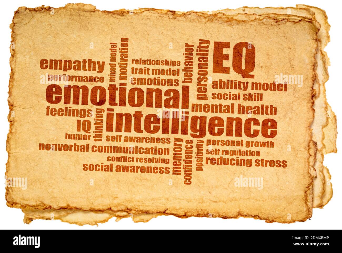 Emotionale Intelligenz (EQ) Wortwolke auf einem isolierten Blatt handgeschöpftes Papier, Empathie, Gefühl, Kommunikation und persönliches Entwicklungskonzept Stockfoto