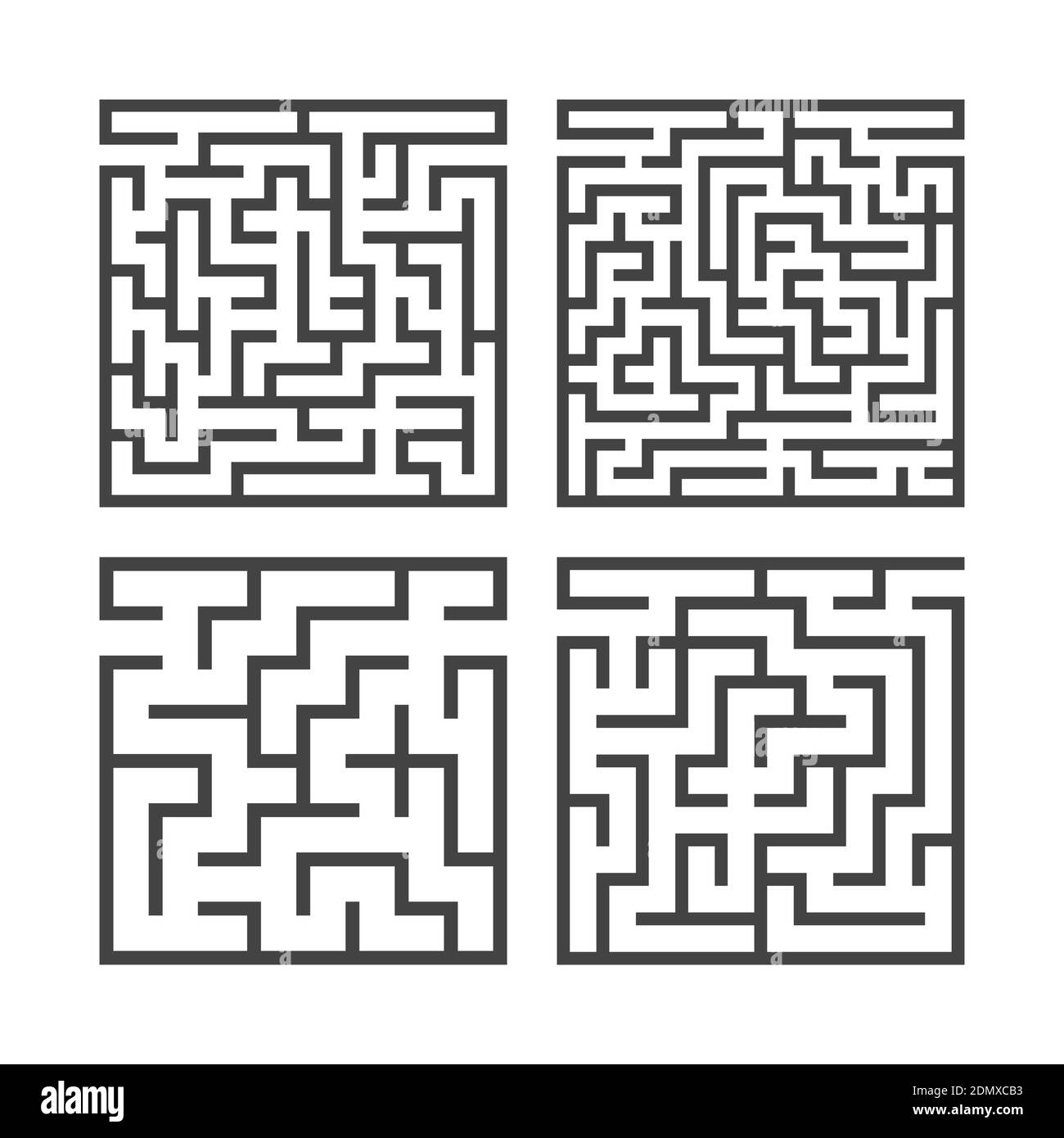 Ein Satz quadratischer Labyrinthe mit verschiedenen Schwierigkeitsgraden. Spiel für Kinder. Puzzle für Kinder. Ein Eingang, ein Ausgang. Labyrinth-Rätsel. Flacher Vektor i. Stock Vektor