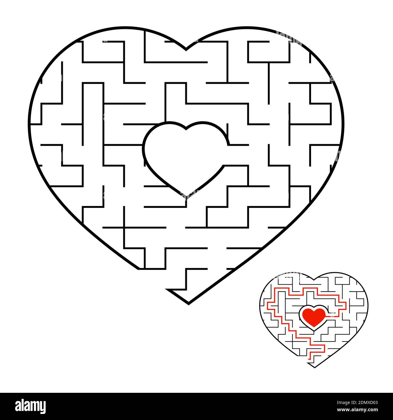 Abstraktes herzförmiges Labyrinth. Spiel für Kinder und Erwachsene. Puzzle für Kinder. Labyrinth-Rätsel. Flache Vektorgrafik isoliert auf weißem Hintergrund Stock Vektor