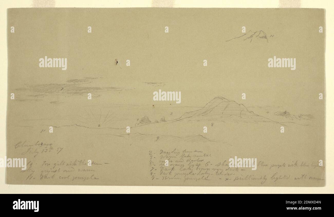 Mount Chimborazo at Sunset, Frederic Edwin Church, amerikanisch, 1826–1900, Graphit auf braunem Wobentpapier, Horizontale Ansicht mit dem Gipfel rechts. Die Sonne liegt knapp über den Bergen. Hohe Wolken in der linken Distanz und am rechten Himmel., 1857, Landschaften, Zeichnung Stockfoto