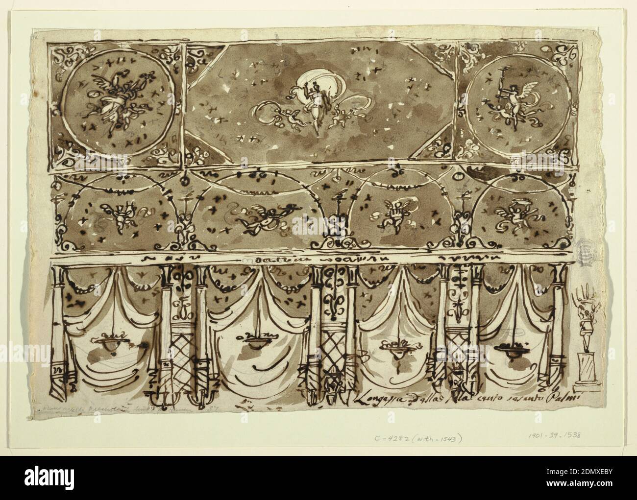Wand- und Deckendekorationen im Pompeianischen Stil, Felice Giani, italienisch, 1758–1823, Feder und braune Tinte, Pinsel und braune Wäsche, schwarze Kreide, Graphit auf gedecktem Papier, horizontales Rechteck. Beginnend in der Höhe des oberen Teils des Körpers der Kronleuchter, bestehend aus Frauen, die nach den Säulen stehen und ihre Arme anheben. Ring mit Kerzen am rechten Rand skizziert. Frauen stehen zwischen eingebetteten Säulen, rechts. Breite Intervalle zwischen Säulen mit zeltartigen Vorhängen geschmückt, davor hängt eine Schale mit Früchten. Oben: Neben Drapierwaren sind zwei Festoons. Oben sind Halbkreise mit fliegendem Putto Stockfoto