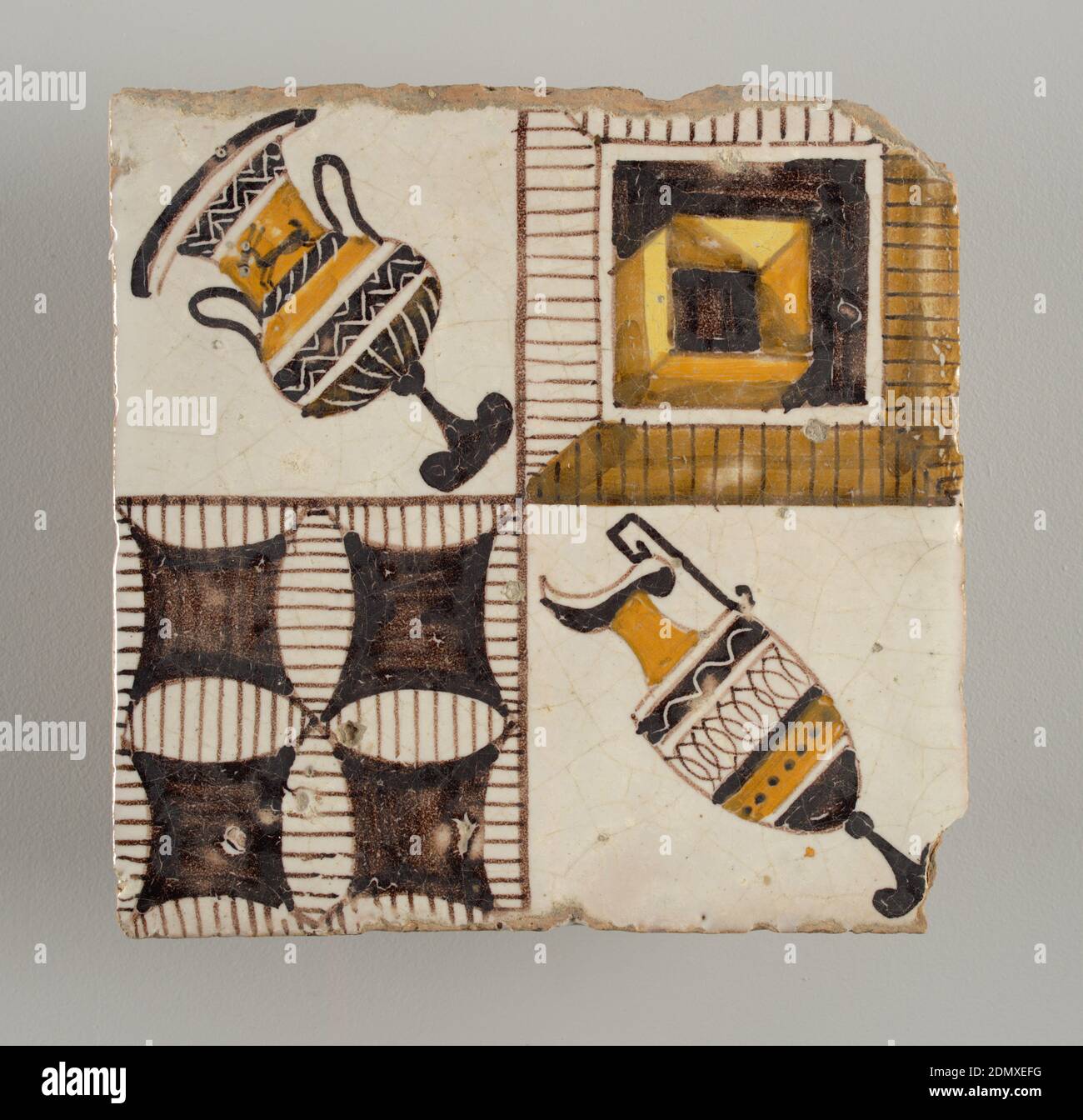 Fliesen, Steingut, Buchstaben i,j,k,l,m,n,o,p,U,V bilden ein Bild von zwei Gripins Angriff auf einen Hirsch., Italien, Anfang des 19. Jahrhunderts, Fliesen, Dekorative Künste, Fliesen Stockfoto