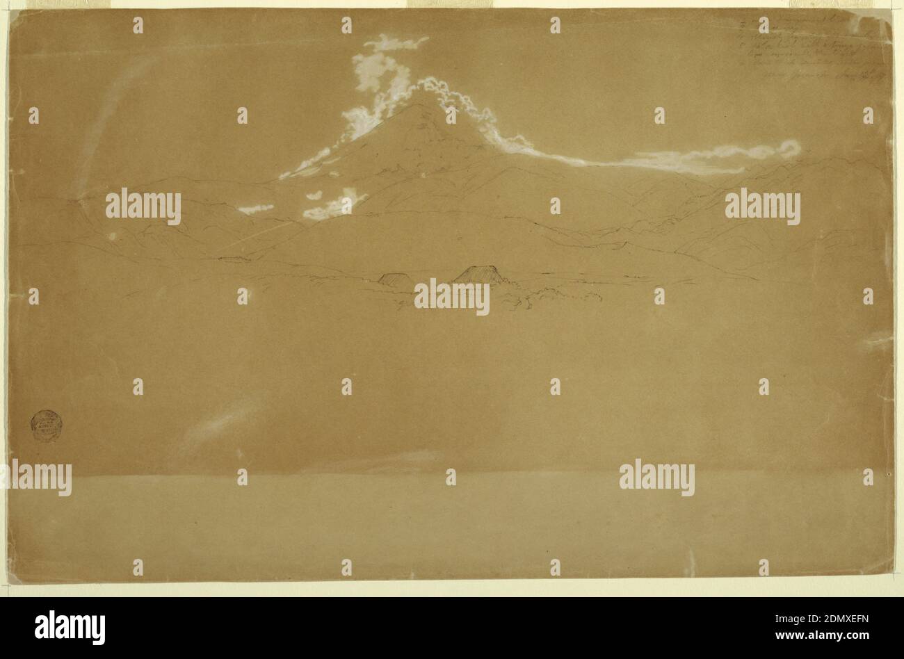 Mount Chimborazo, bei Guanojo und Guaranda, Ecuador, Frederic Edwin Church, American, 1826–1900, Graphit, Pinsel und weiße Gouache auf grauem Papier, Horizontale Ansicht des Mount Chimborazo und der benachbarten Berge mit den Dächern zweier Häuser und einem Plateau im Vordergrund sichtbar., 13. Juni 1857, Landschaften, Zeichnung Stockfoto