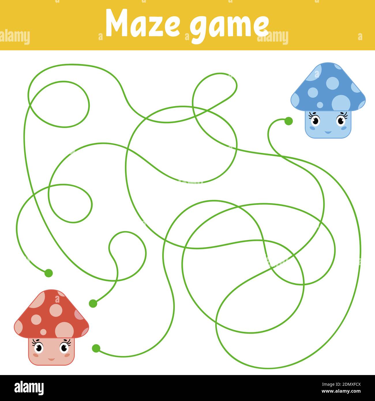 Abstraktes Farblabyrinth. Helfen Sie dem roten Pilz, den blauen Pilz zu erreichen. Arbeitsblätter für Kinder. Aktivitätsseite. Spiel Puzzle für Kinder. Cartoon-Stil. Labyri Stock Vektor