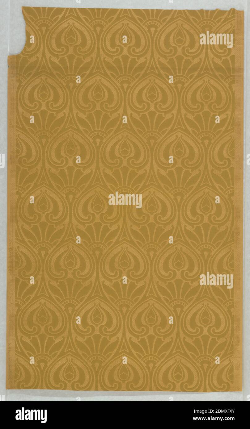 Seitenwand, maschinenbedruckt, stilisiertes Jugendstil-Blattmuster in Ocker auf hellem senffarbenem Papier, ungeerdet., USA, 1875–1900, Wandbeläge, Sidewall Stockfoto
