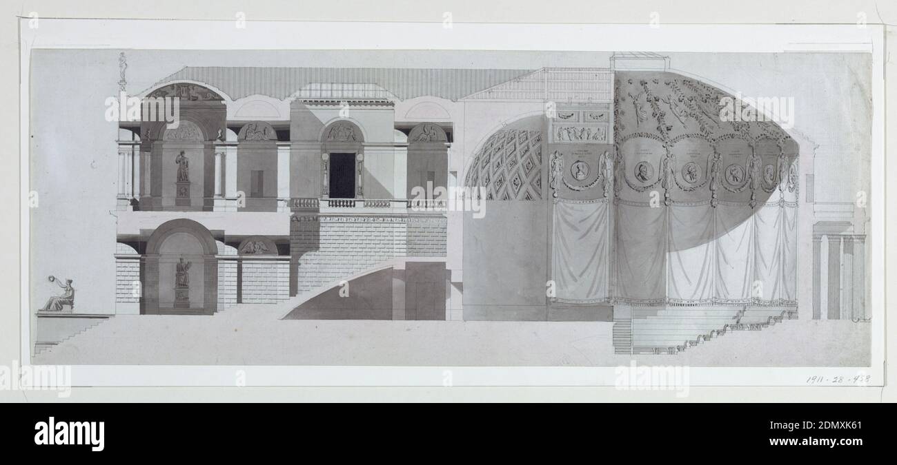Sektion eines Parlamentsgebäudes oder Akademie, Stift und schwarze Tinte, Pinsel und grau-rosa Wäsche, schwarze Kreide auf Papier, Sektion ein horizontales Gebäude. Der gewölbte Versammlungsraum befindet sich auf der rechten Seite. Die gewölbte Decke ist mit Figuren und Festoons verziert. Links befindet sich das Erdgeschoss mit der Eingangshalle und der Treppe sowie der oberen Galerie. In der Halle und der oberen Galerie sind Statuen auf Sockeln an den Wänden angebracht. Vor dem Gebäude, auf der linken Seite, ist eine sitzende Statue. Der Portikus und der Balkon befinden sich an der hinteren Fassade., Frankreich, 1800–1825, Architektur, Zeichnung Stockfoto