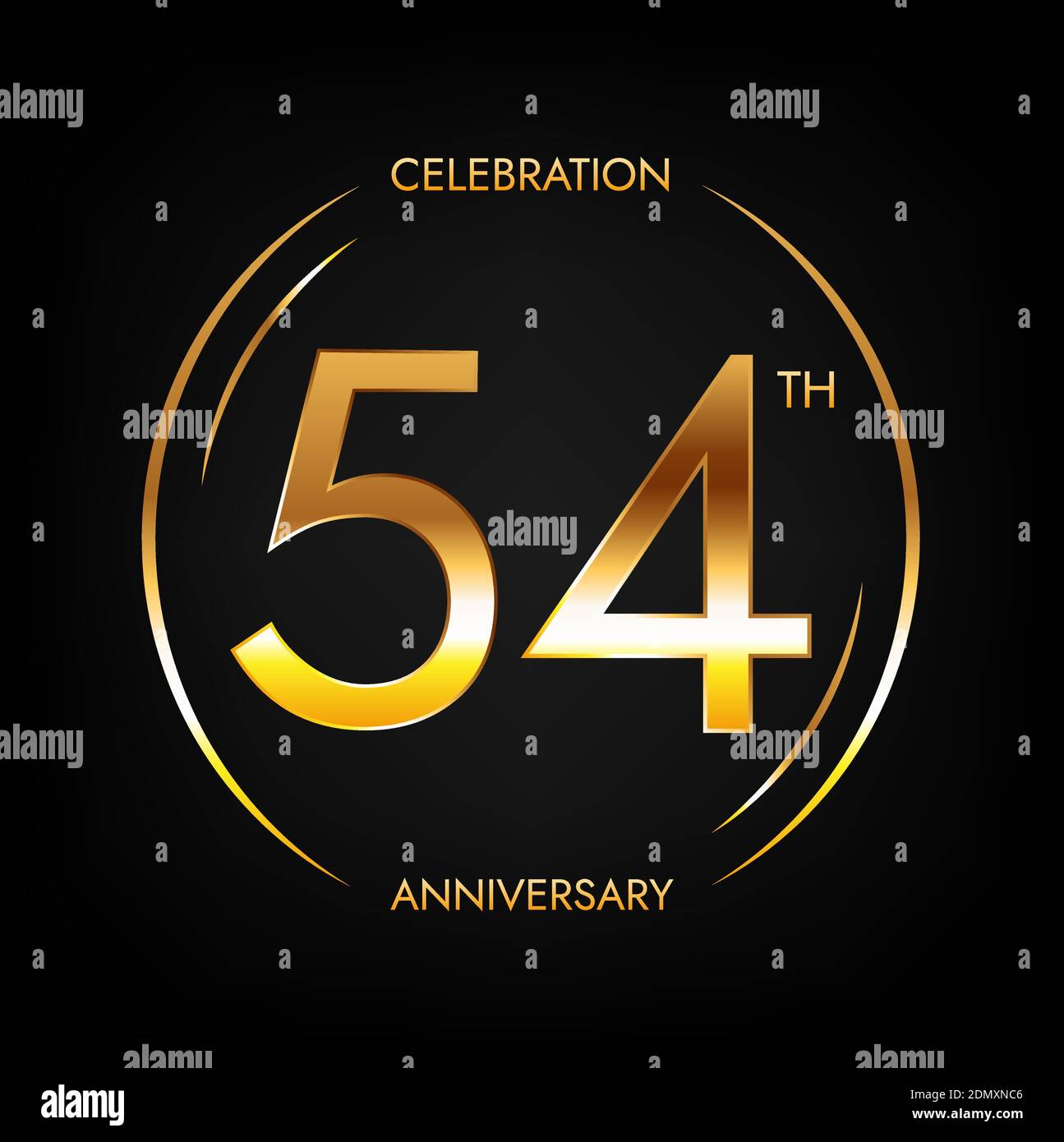 54. Jahrestag. Vierundfünfzig Jahre Geburtstagsfeier Banner in hellen goldenen Farbe. Kreisförmiges Logo im eleganten Zahlendesign. Stock Vektor