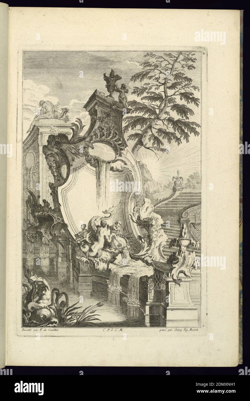 Entwurf für Brunnen mit Putto, der einen Delphin reitet, François de Cuvilliés der Ältere, Belgier, aktives Deutschland, 1695 - 1768, Georg Siegmond Roesch, Nicolas Jean-Baptiste de Poilly, Französisch, 1712–nach 1758, Radierung und Gravur auf cremeweißem Papier, 1745, Ornament, Druck Stockfoto