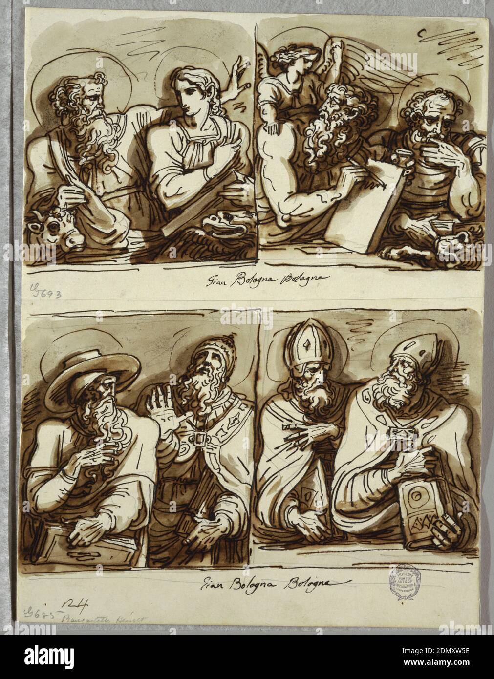 Die vier Evangelisten, Studie nach Giambologna, Felice Giani, italienisch, 1758–1823, Feder und braune Tinte, Pinsel und braune Wäsche, über schwarzer Kreide auf weißem schwerem Gewebspapier, Obere Zeichnung von vier Evangelisten, paarweise; Links St. Lukas und St. Johannes; rechts St. Matthäus und St. Markus, alle mit Attributen. Untere Zeichnung von zwei Paaren von Heiligen, oder Ärzte der Kirche, alle mit Büchern; auf der linken Seite, Heilige mit flachem Hut--St. Anthony Abt(?), und heiliger, der Papst ist; rechts zwei Bischofssigel., Italien, 1821–22, Figuren, Zeichnung Stockfoto