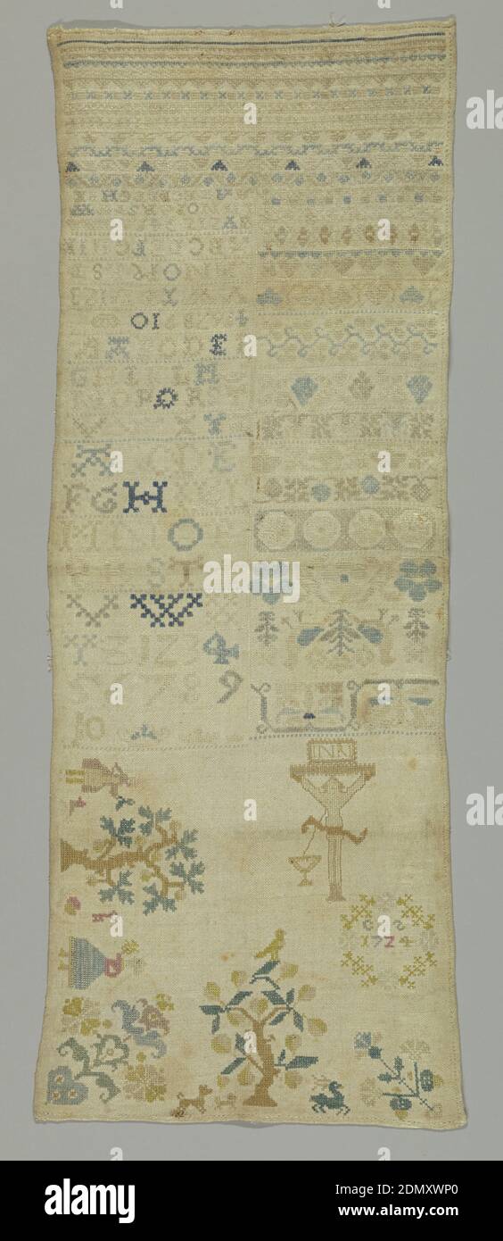 Sampler, C. H. S., Medium: Seide und Baumwolle Stickerei, Leinen Fundamenttechnik:, in zwei Abschnitte unterteilt. Der erste Abschnitt hat eine Kreuzigung, weltliche Szenen, florale Motive und einen Kranz mit den Initialen 'C. H. S. 1724.' Zweiter Abschnitt: Alphabete, Ziffern und Querränder in geometrischen und floralen Mustern., Deutschland, 1724, Stickereien & Stitching, Sampler Stockfoto