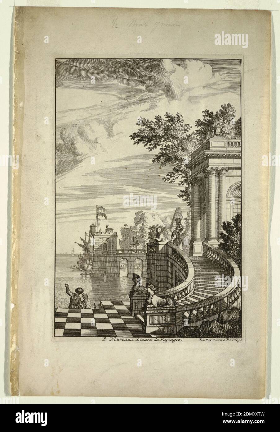 Titelseite, Nouveaux Livre de Paysages (Neues Buch der Landschaften), Daniel Marot, Französisch, aktiv in den Niederlanden und England, 1661–1752, Radierung und Gravur auf weißem Papier, rechts Treppe, mit kariertem Boden und Sphinxen, führen zum Bau. Auf der linken Seite Blick auf das Meer, ein Schiff und Hafen, ein Pier. Personen sichtbar überall., Niederlande, ca. 1700, Architektur, Print Stockfoto