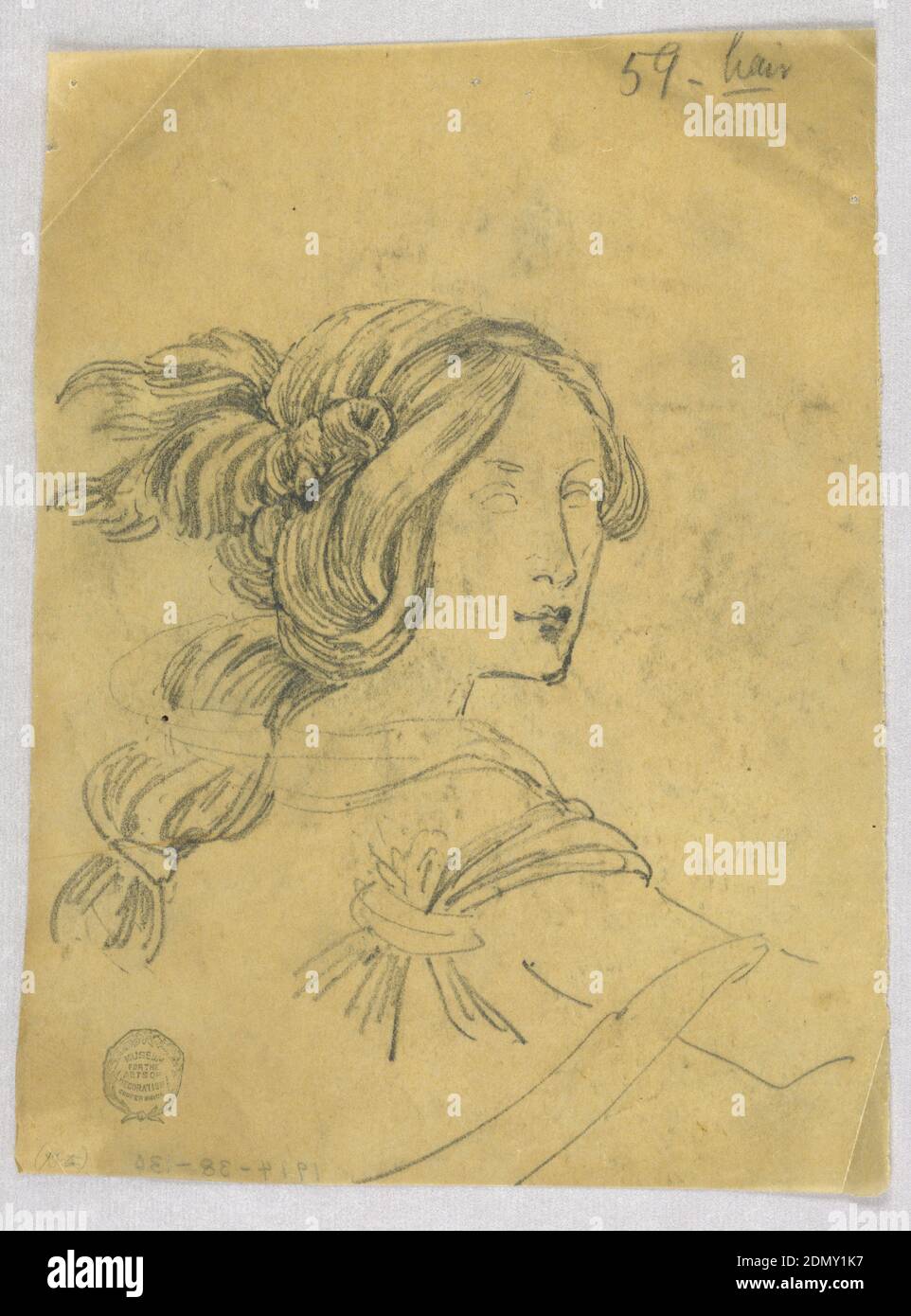 Studie von Kopf und Schultern der Frau, Francis Augustus Lathrop, Amerikaner, 1849 - 1909, Graphit auf Zeichenpapier, Studie für die Haare, lose gebunden. Rückseite der Schultern gesehen; der Kopf über die Schulter nach rechts gedreht., USA, ca. 1895, Figuren, Zeichnung Stockfoto
