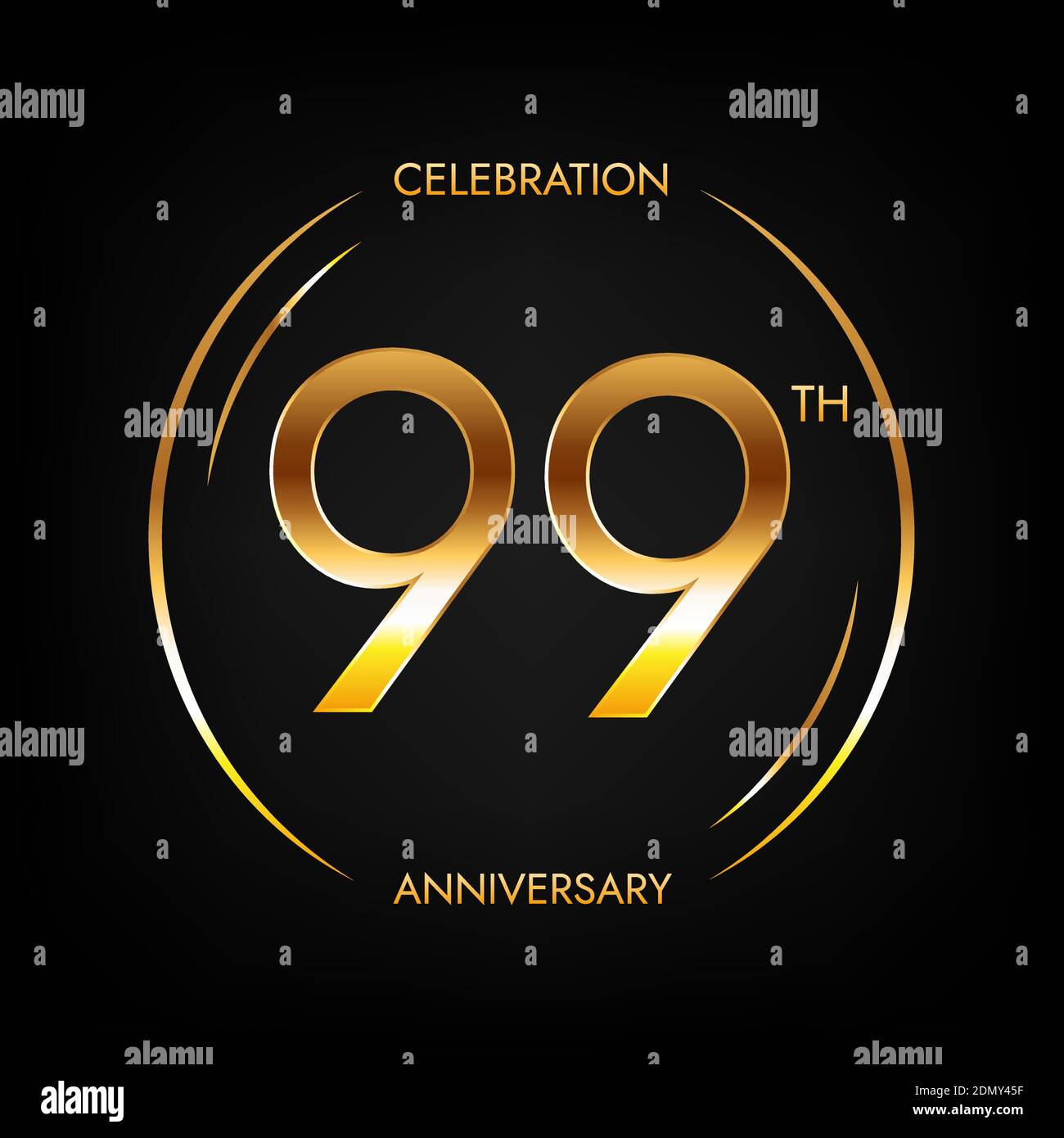 99. Jahrestag. Neunundneunzig Jahre Geburtstagsfeier Banner in hellen goldenen Farbe. Kreisförmiges Logo im eleganten Zahlendesign. Stock Vektor