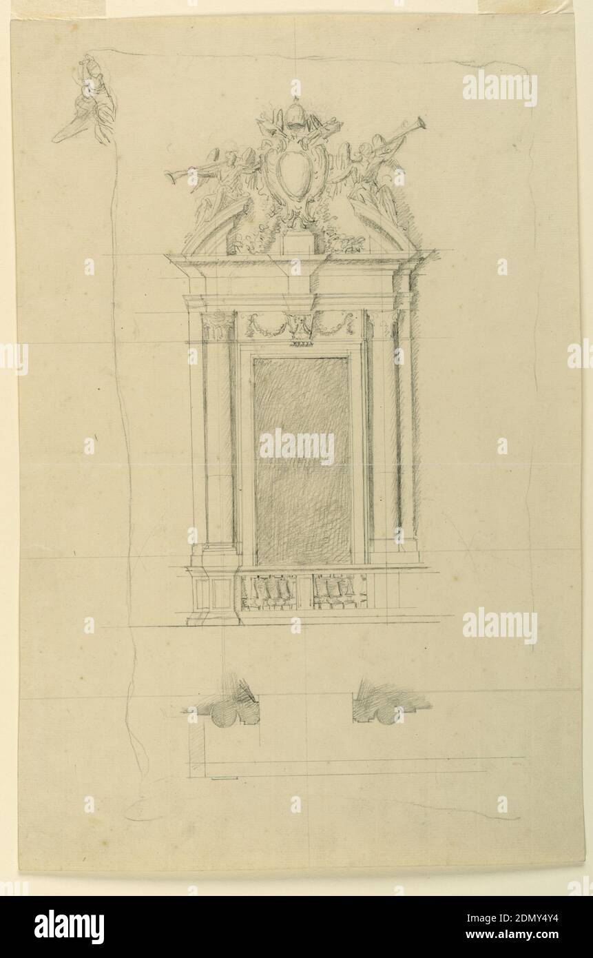 Entwurf für einen Türrahmen für das Zentrum einer façade im Hauptgeschoss, Filippo Marchionni, italienisch, 1732–1805, Graphit auf gedecktem Papier, vertikales Rechteck. Die rechte Seite ist nicht ganz fertig. An der Unterseite sind die Sockel der Pilasterstreifen und die eingebetteten Säulen, die den Giebel und eine Balustrade unterstützen. Die Übertür zeigt eine verzierte Klammer zwischen den Festoons mit gebrochenem Giebel. In der Mitte steht ein päpstlicher Escutcheon mit hängenden Girlanden. Genii, bläst Trompeten, sitzen auf den Ecken. Unten, Abschnitt des Bodenrahmens; Umrisse eines Blattes Papier, gehalten von einer fliegenden Figur Stockfoto
