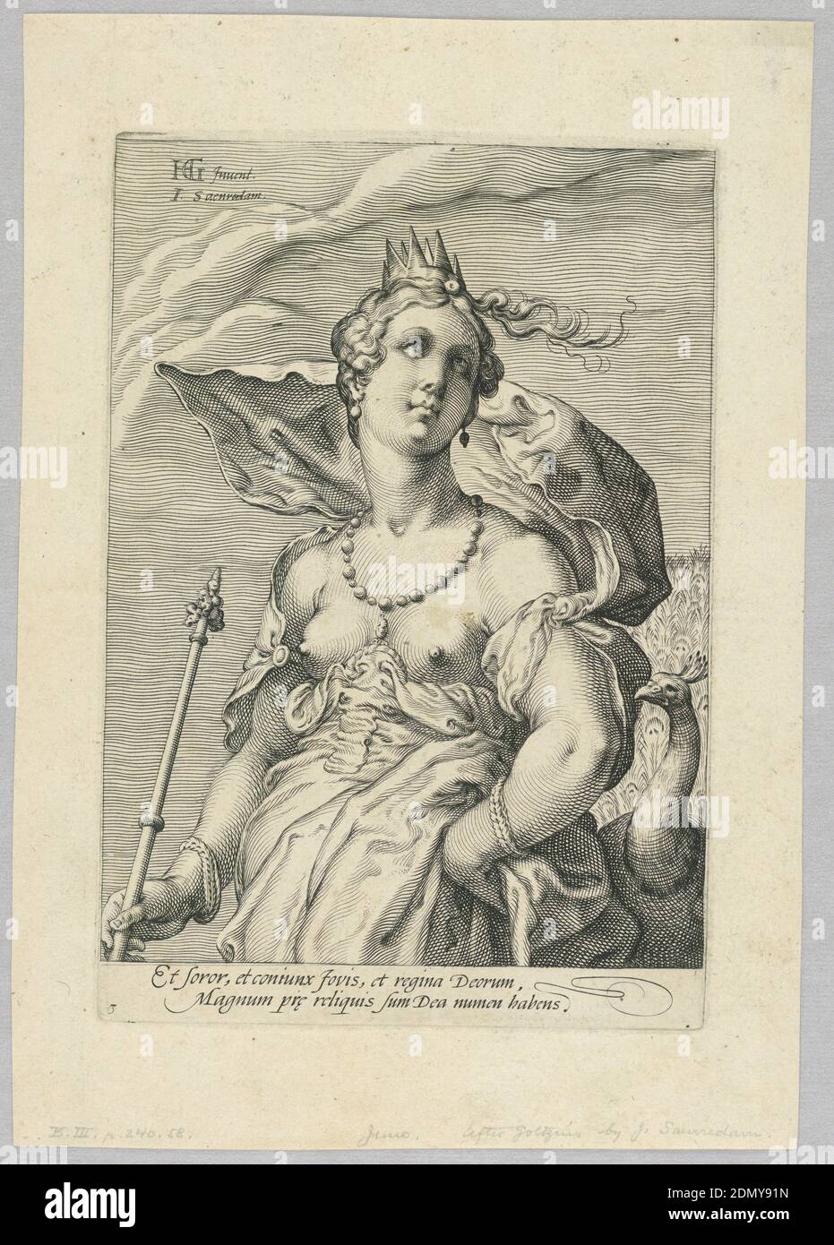 Juno, von den drei Göttinnen, Hendrik Goltzius, Niederlandisch, 1558 – 1617, Jan Saenredam, Niederländisch, 1565 - 1607, Gravieren auf Papier, Juno, halblang, mit Krone und Zepter, rechts von einem Pfau begleitet, ca. 1595, Drucken Stockfoto