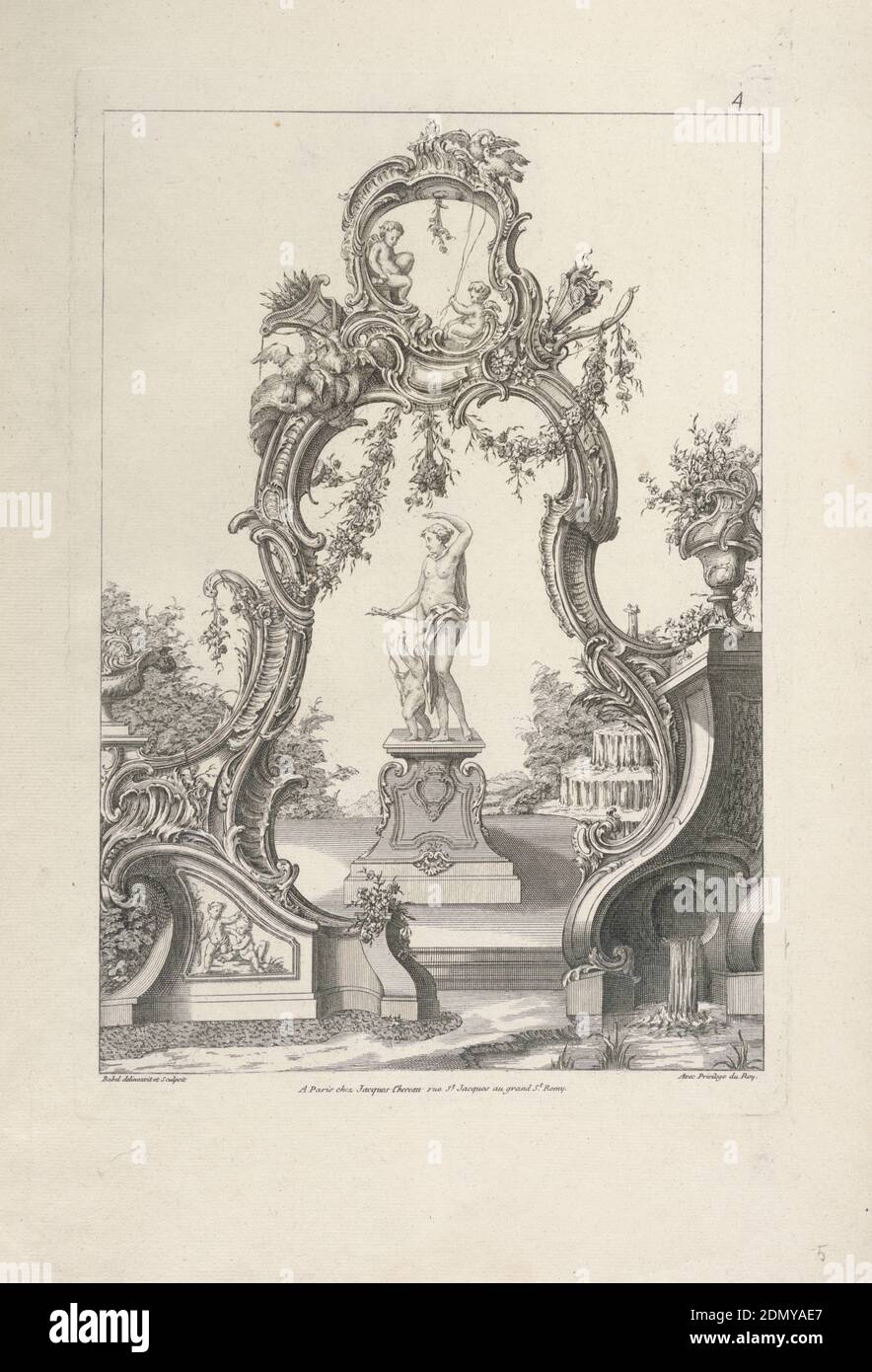 Kartusche und Brunnen mit Venus und Amor, Pierre Edme Babel, französisch, ca. 1720-1775, Pierre Edme Babel, französisch, ca. 1720-1775, Jacques Chéreau, französisch, 1688–1776, graviert auf cremeweißem Papier, asymmetrische Kartusche mit feuerspeienden Drachen, Speeren, Bannern. Körperpanzerung und gepanzerte Helme auf dem Boden auf der linken Seite. Neptun in geschwungenen Elementen der Kartusche links., Frankreich, 1738, Ornament, Druck Stockfoto