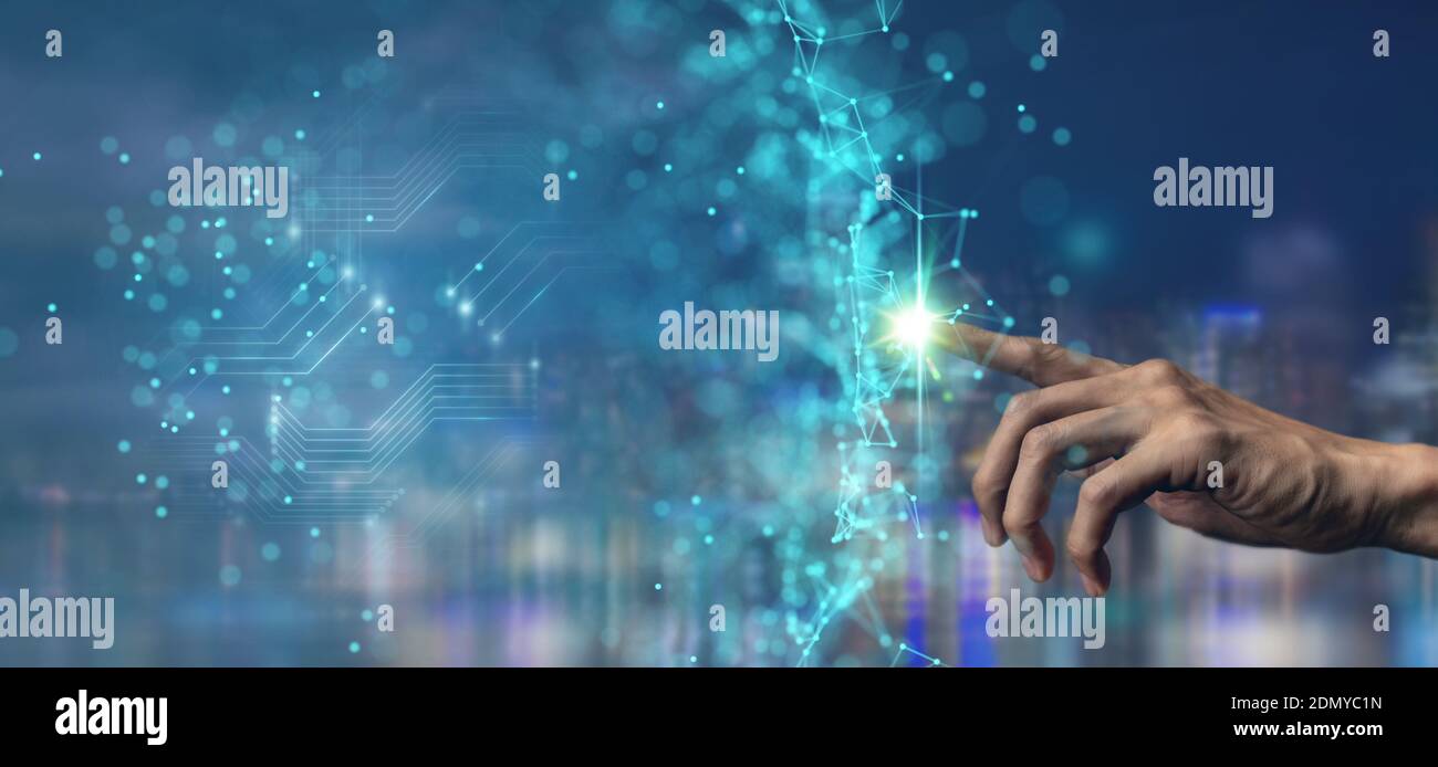 man hand pointing in to futuristic interface network include of artificial intelligence(ai), machine deep learning, robot computer software, digital t Stockfoto
