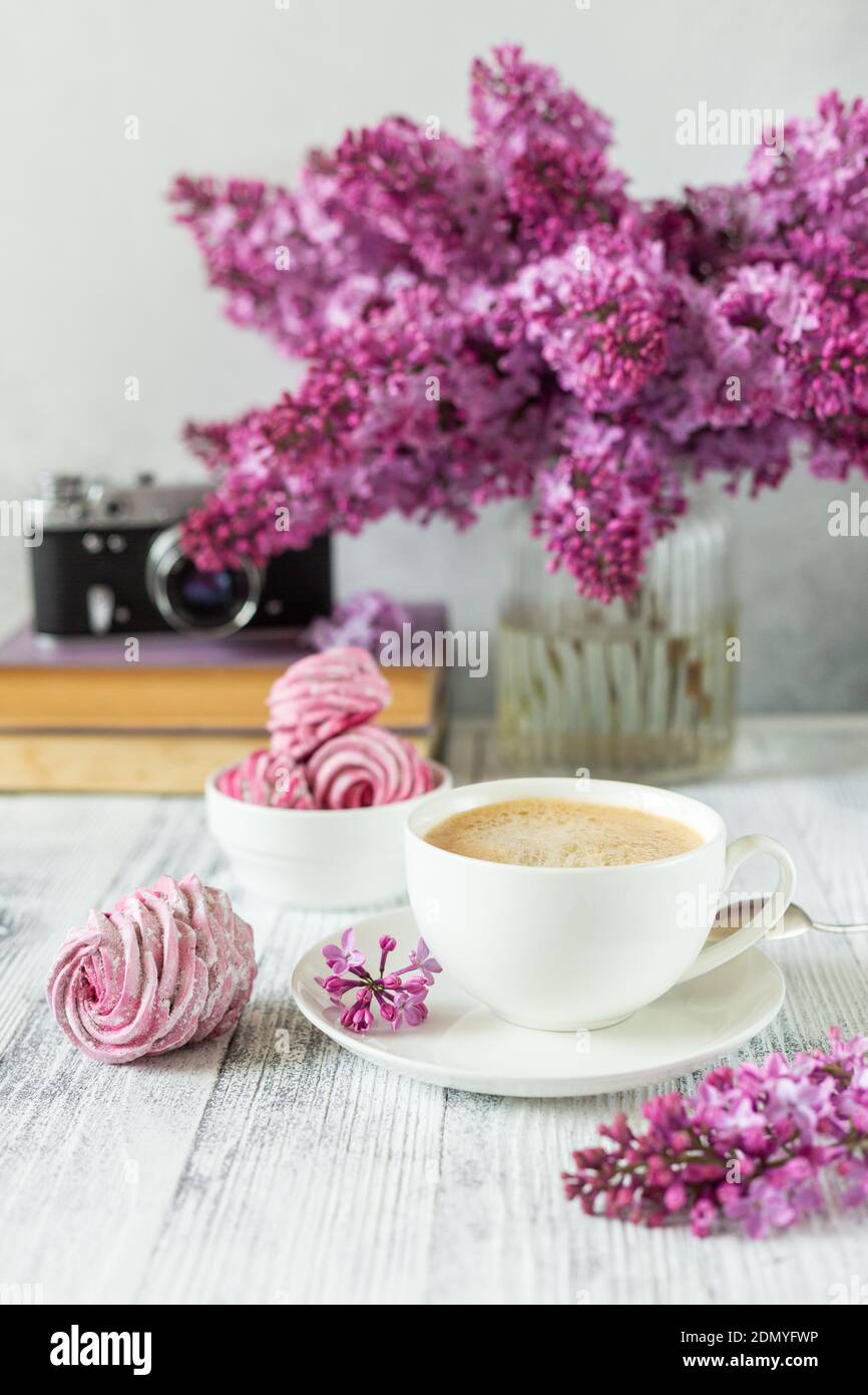 Bouquet von Flieder, Tasse Kaffee, hausgemachte Marshmallow und Stapel von Büchern Retro-Kamera Selektive Fokus Stockfoto