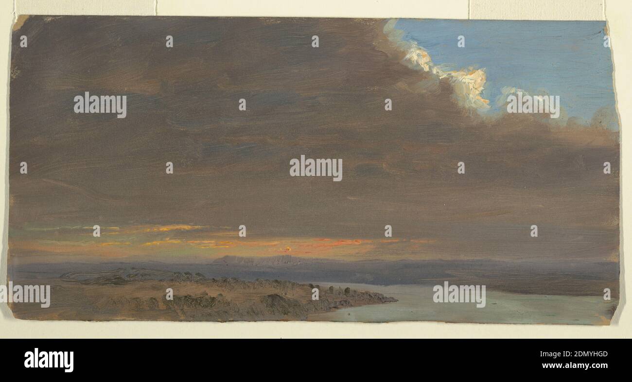 Sunset, Hudson Valley, New York, Frederic Edwin Church, American, 1826–1900, Pinsel und Ölfarbe, Graphitspuren auf Karton, EIN dünner Streifen Land mit dem Hudson River, der sich in der Mitte der Strecke schlängelt; Hügel in der rechten Entfernung sichtbar. Dunkle Wolken füllen den Himmel bis auf ein dünnes orangefarbenes Lichtband in der linken und mittleren Entfernung und einen blauen Fleck in der oberen rechten Ecke., USA, 1870–80, Landschaften, Zeichnung Stockfoto