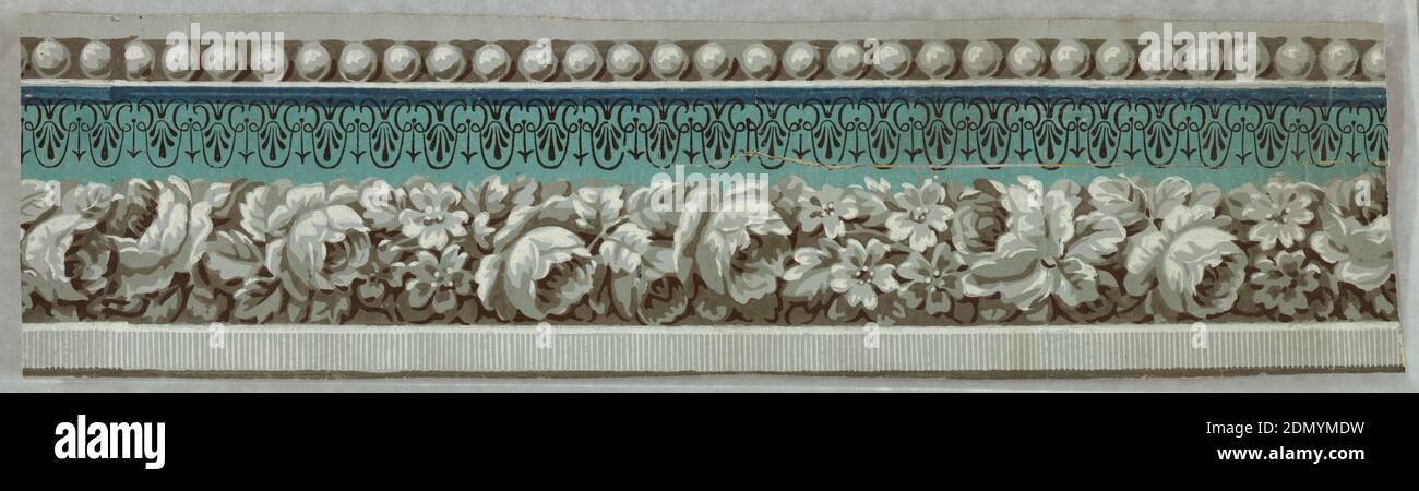 Bordüre, Block auf Papier gedruckt, Perlenbienenband, weiße Blüten auf weißem Zierteil auf türkisfarbenem Grund mit schwarzer Anthemia., Frankreich, 1790–1820, Wandbedeckungen, Bordüre Stockfoto