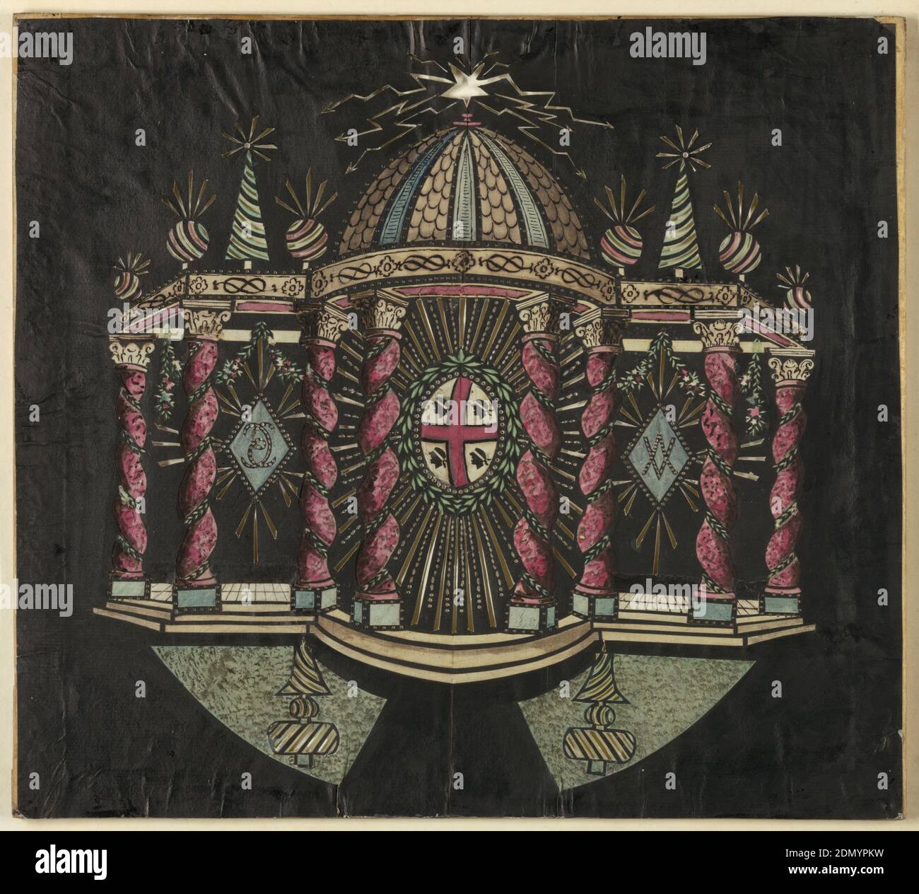 Königlicher Tempel, geschnittenes Papier auf Holzrahmen, Magic Laterne Dia, optisches Spielzeug. Auf schwarzem Feld, Gartenpavillon mit acht gedrehten Säulen; ausgebrochen in einem Halbkreis im mittleren Teil, der mit einer Kuppel gekrönt ist. In der zentralen Verschneidung, der Schild des Hauses Savoyen mit Wagenlenkern Köpfe in den Quarterings. In der rechten und linken Interkolumniation werden Chiffren in Lozenges gesetzt. Oben, fünfzackiger Stern, von dem Dart Blitz Schrauben., Savoy, Frankreich, ca. 1780, Spielzeug & Spiele, Laternenrutsche, Laternenrutsche Stockfoto